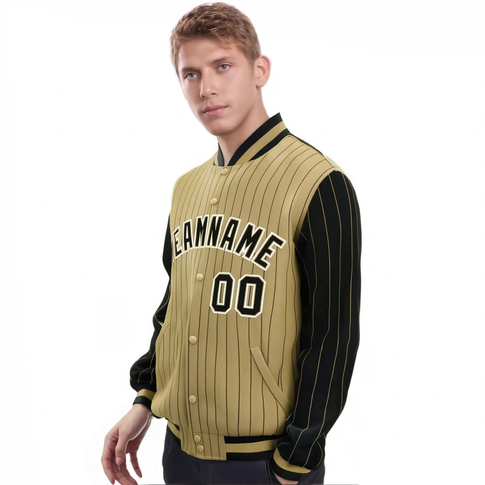 Custom Old Gold Black Pinstripe White-Black Bomber Full-Snap Varsity Letterman Jacket