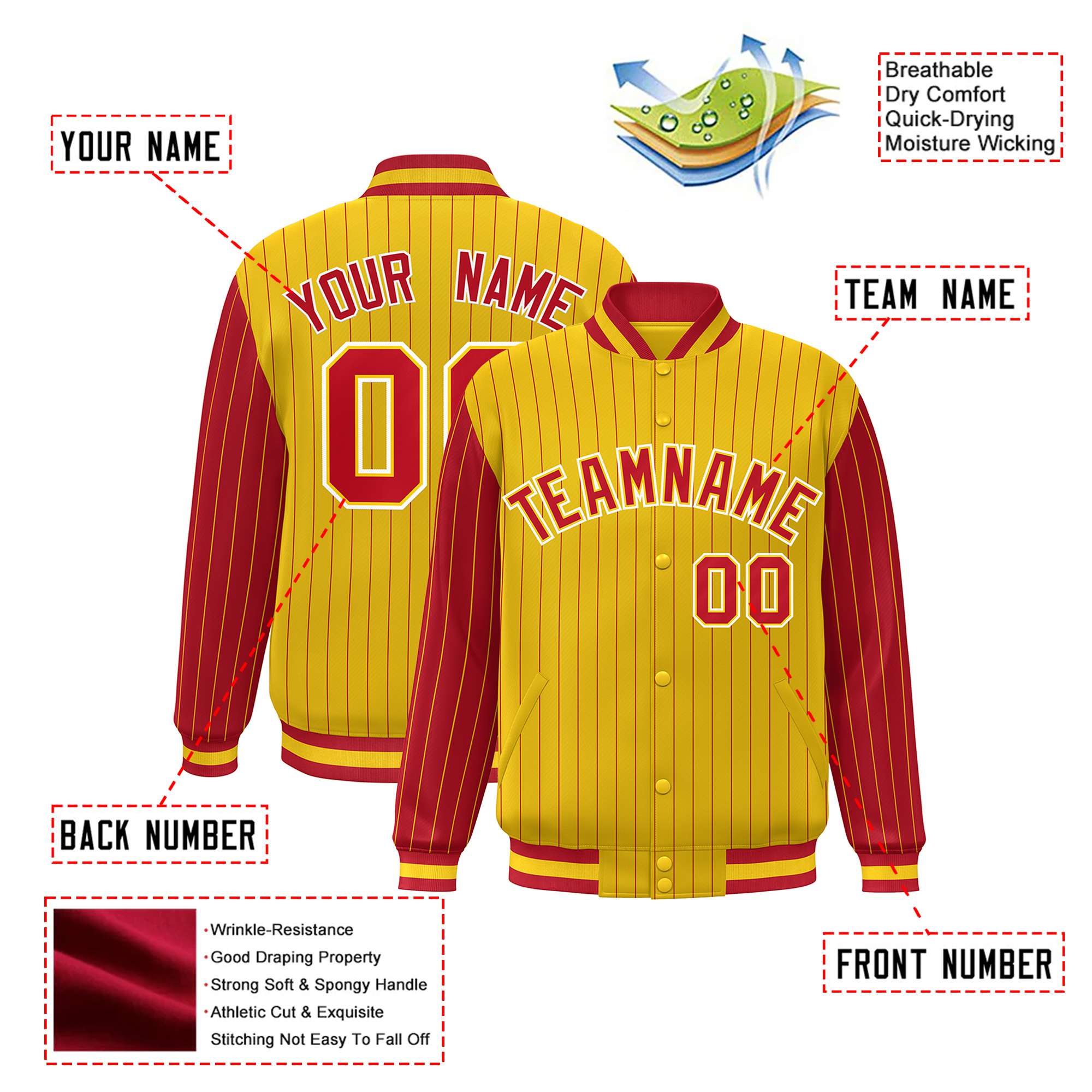 Custom Gold Red Pinstripe White-Red Bomber Full-Snap Varsity Letterman Jacket