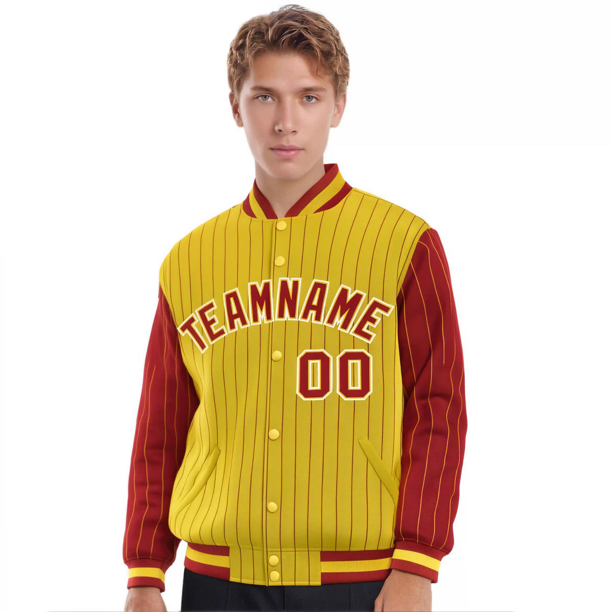 Custom Gold Red Pinstripe White-Red Bomber Full-Snap Varsity Letterman Jacket