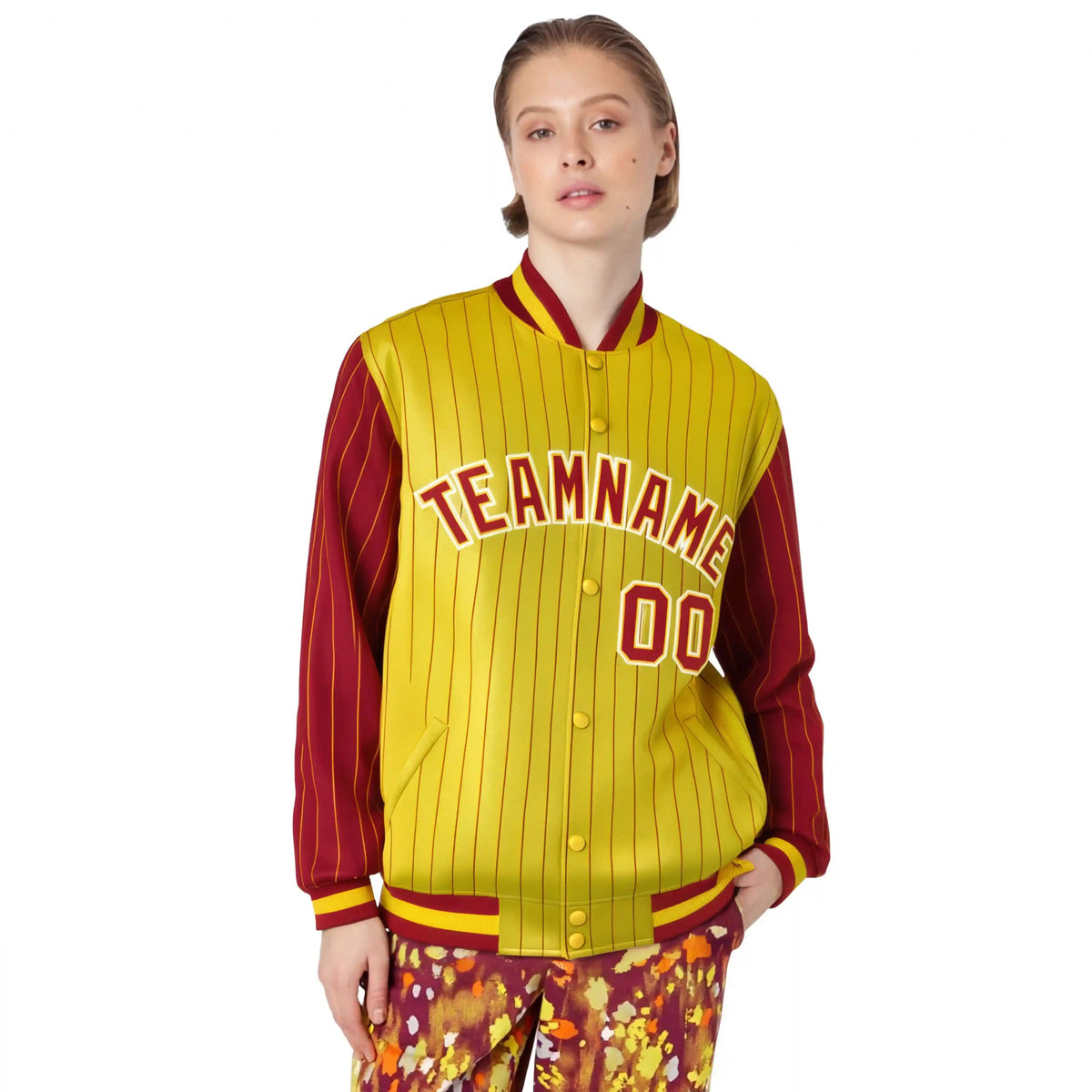 Custom Gold Red Pinstripe White-Red Bomber Full-Snap Varsity Letterman Jacket