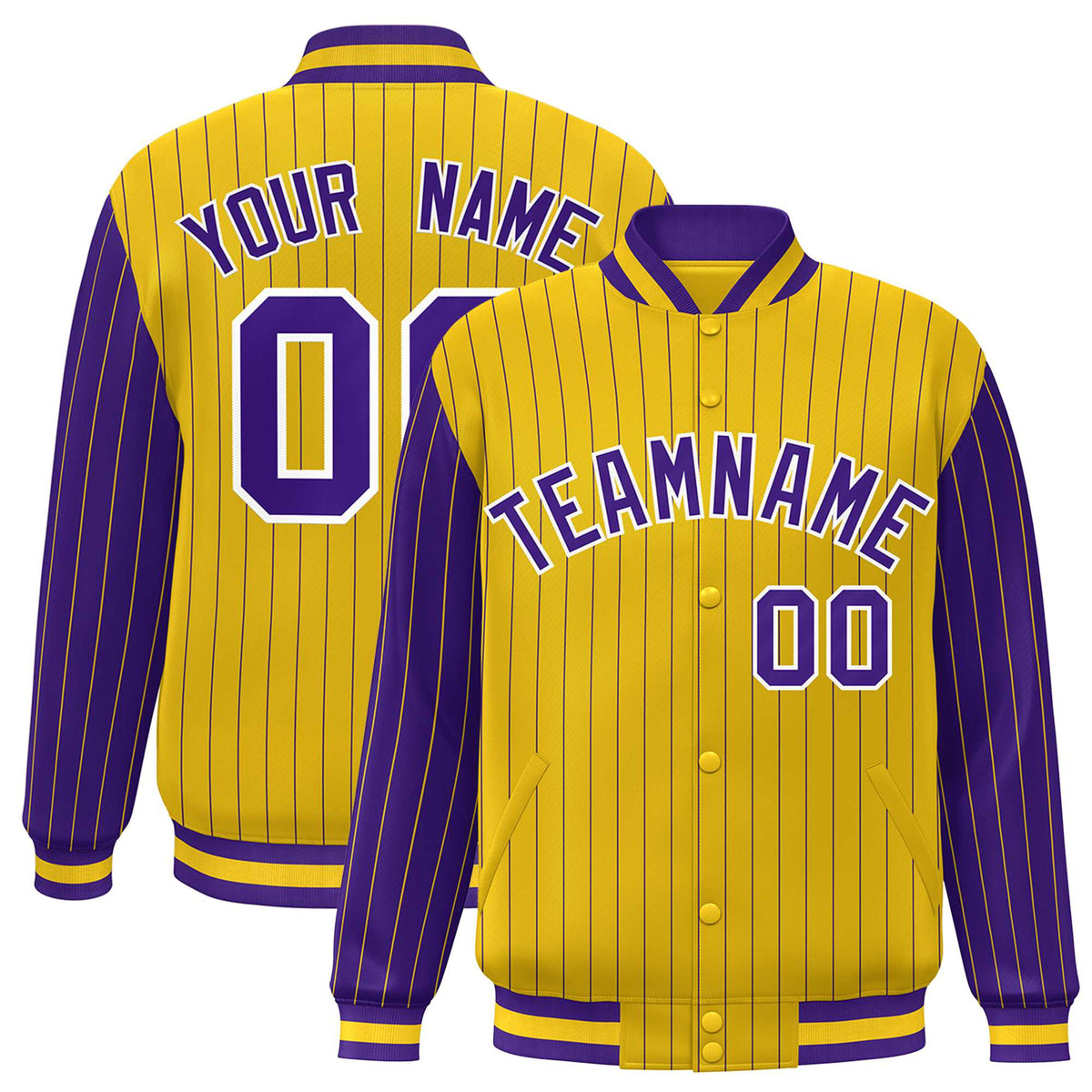 Custom Gold Purple Pinstripe White-Purple Bomber Full-Snap Varsity Letterman Jacket