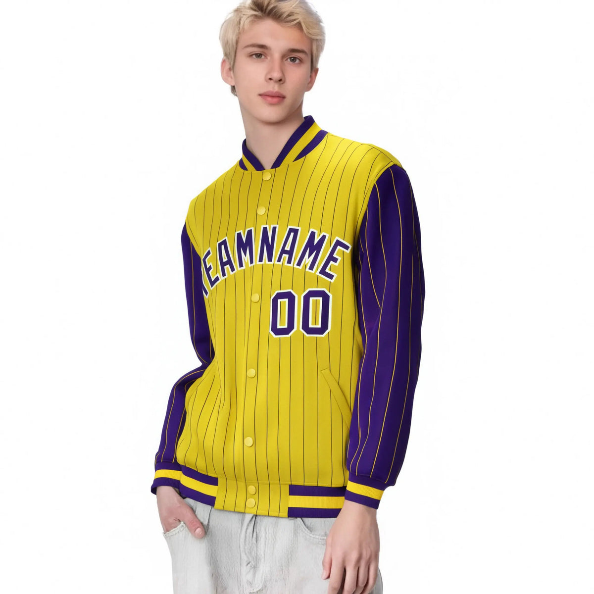 Custom Gold Purple Pinstripe White-Purple Bomber Full-Snap Varsity Letterman Jacket