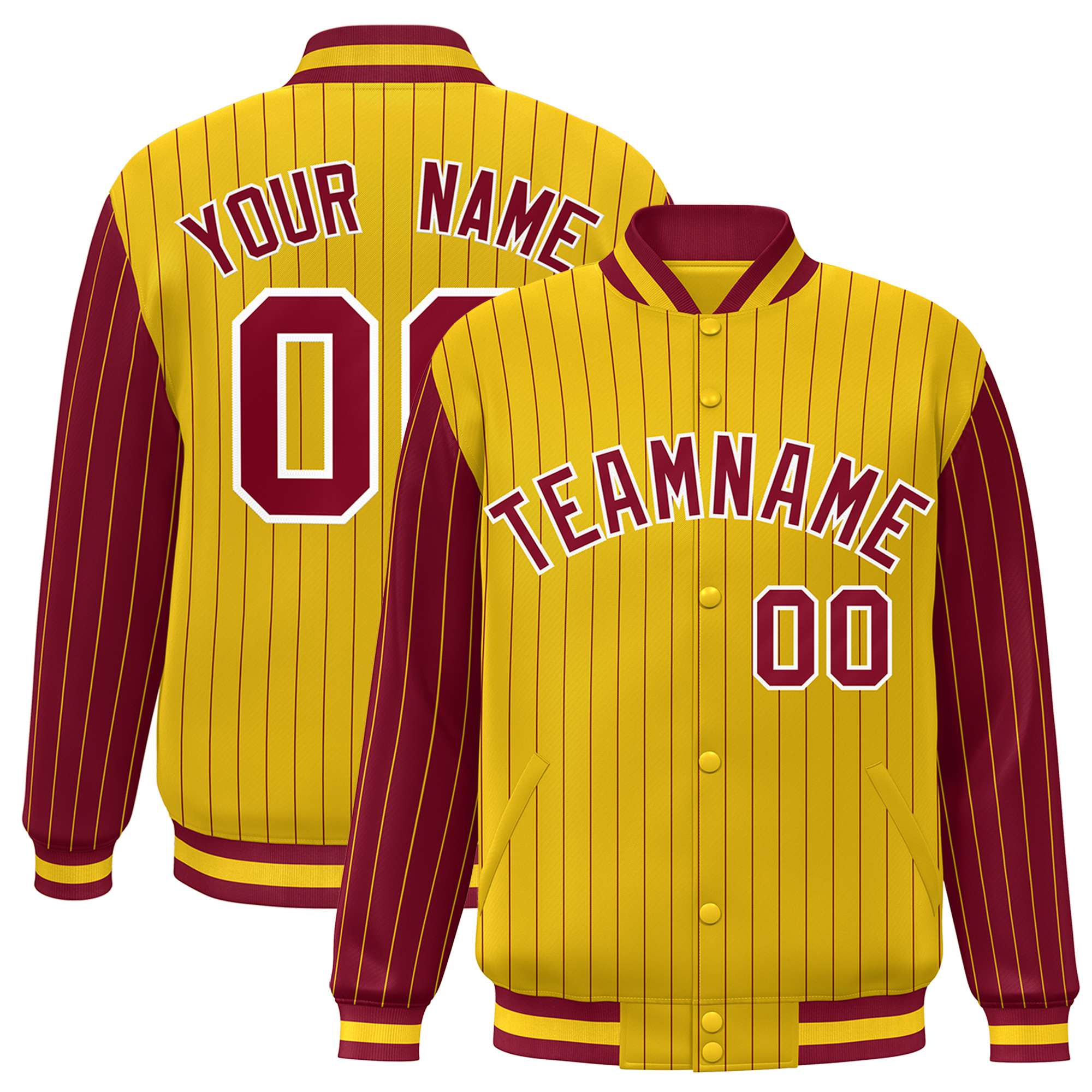 Custom Gold Crimson Pinstripe White-Crimson Bomber Full-Snap Varsity Letterman Jacket