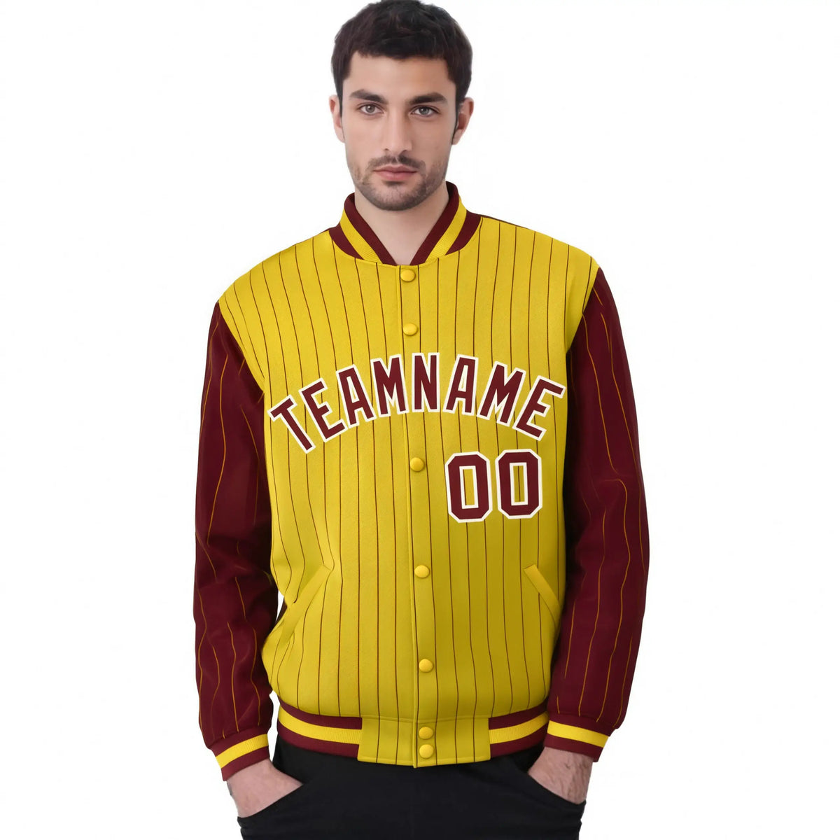 Custom Gold Crimson Pinstripe White-Crimson Bomber Full-Snap Varsity Letterman Jacket