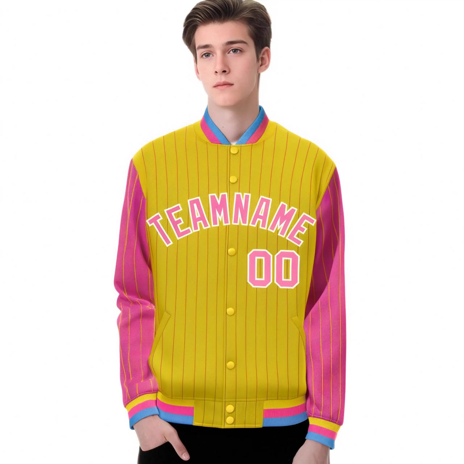 Custom Gold Pink Pinstripe White-Pink Bomber Full-Snap Varsity Letterman Jacket