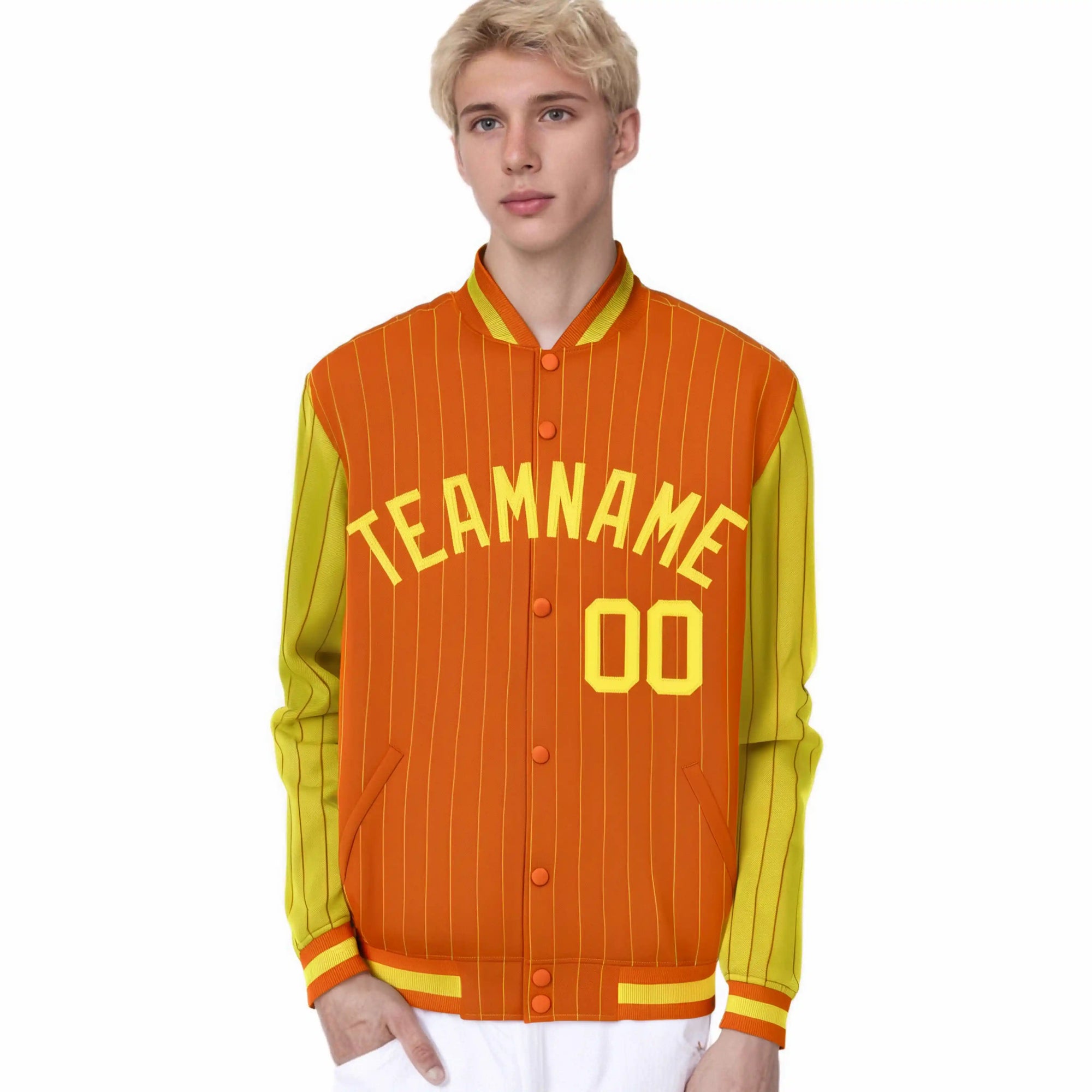 Custom Orange Gold Pinstripe Gold Bomber Full-Snap Varsity Letterman Jacket