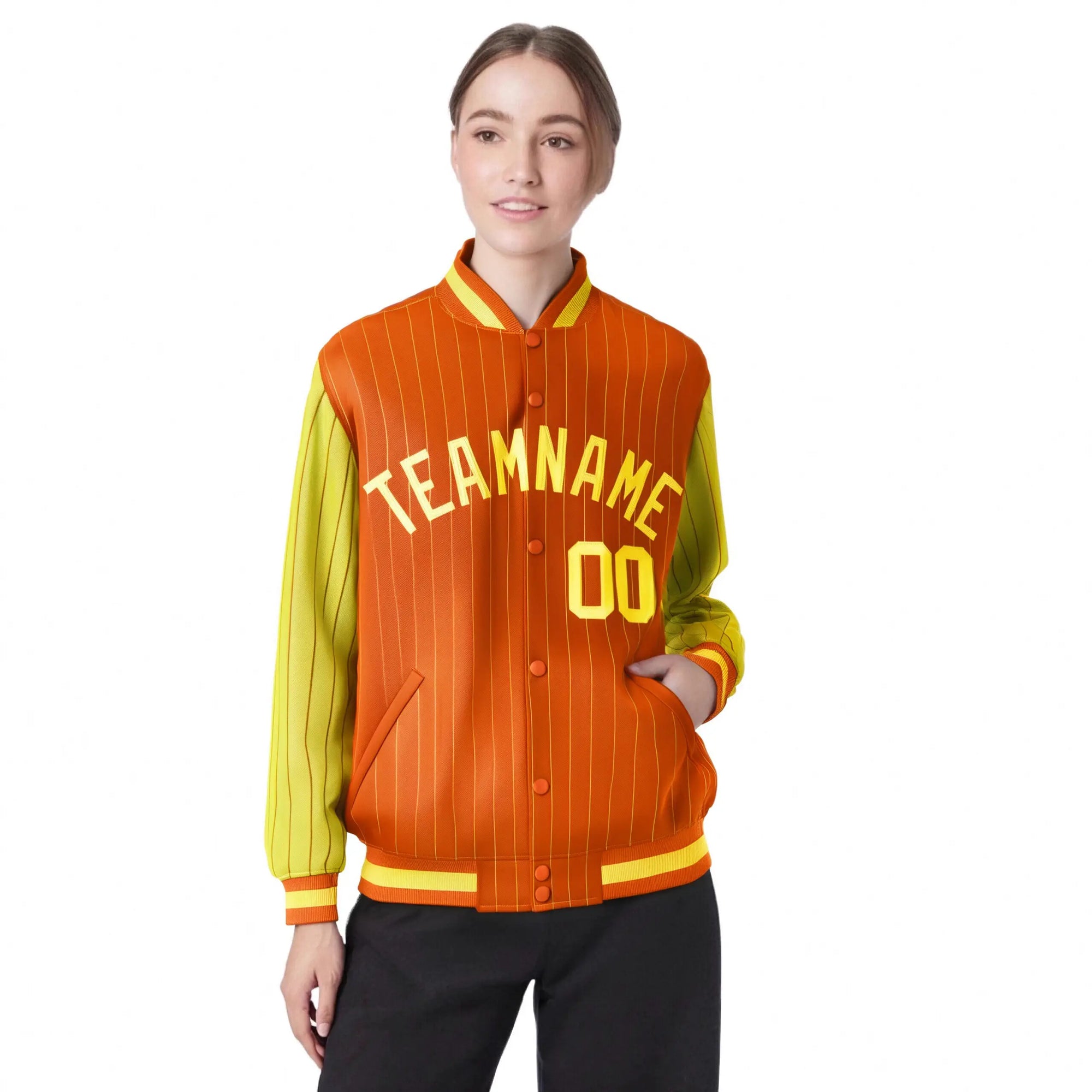 Custom Orange Gold Pinstripe Gold Bomber Full-Snap Varsity Letterman Jacket