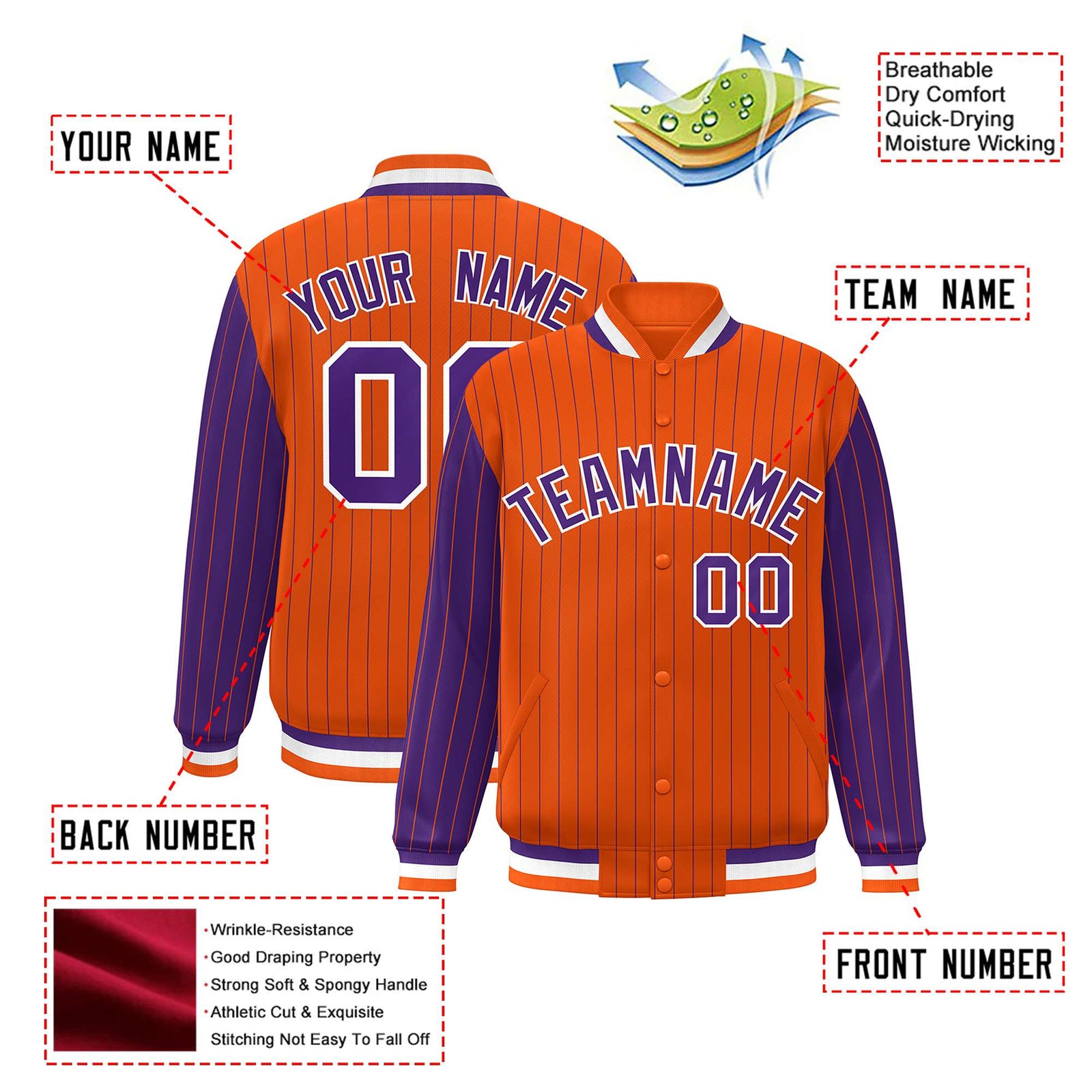 Custom Orange Purple Pinstripe White-Purple Bomber Full-Snap Varsity Letterman Jacket