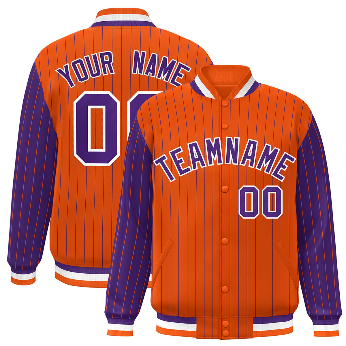 Custom Orange Purple Pinstripe White-Purple Bomber Full-Snap Varsity Letterman Jacket