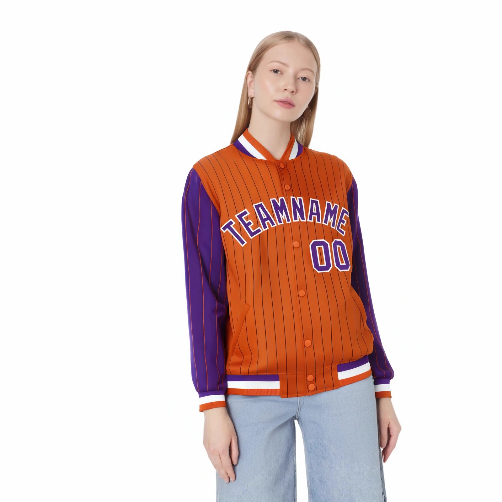 Custom Orange Purple Pinstripe White-Purple Bomber Full-Snap Varsity Letterman Jacket