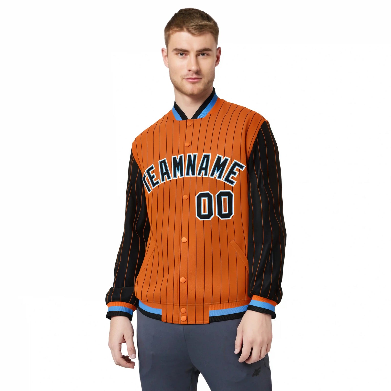Custom Orange Black Pinstripe Powder-Blue Black Bomber Full-Snap Varsity Letterman Jacket