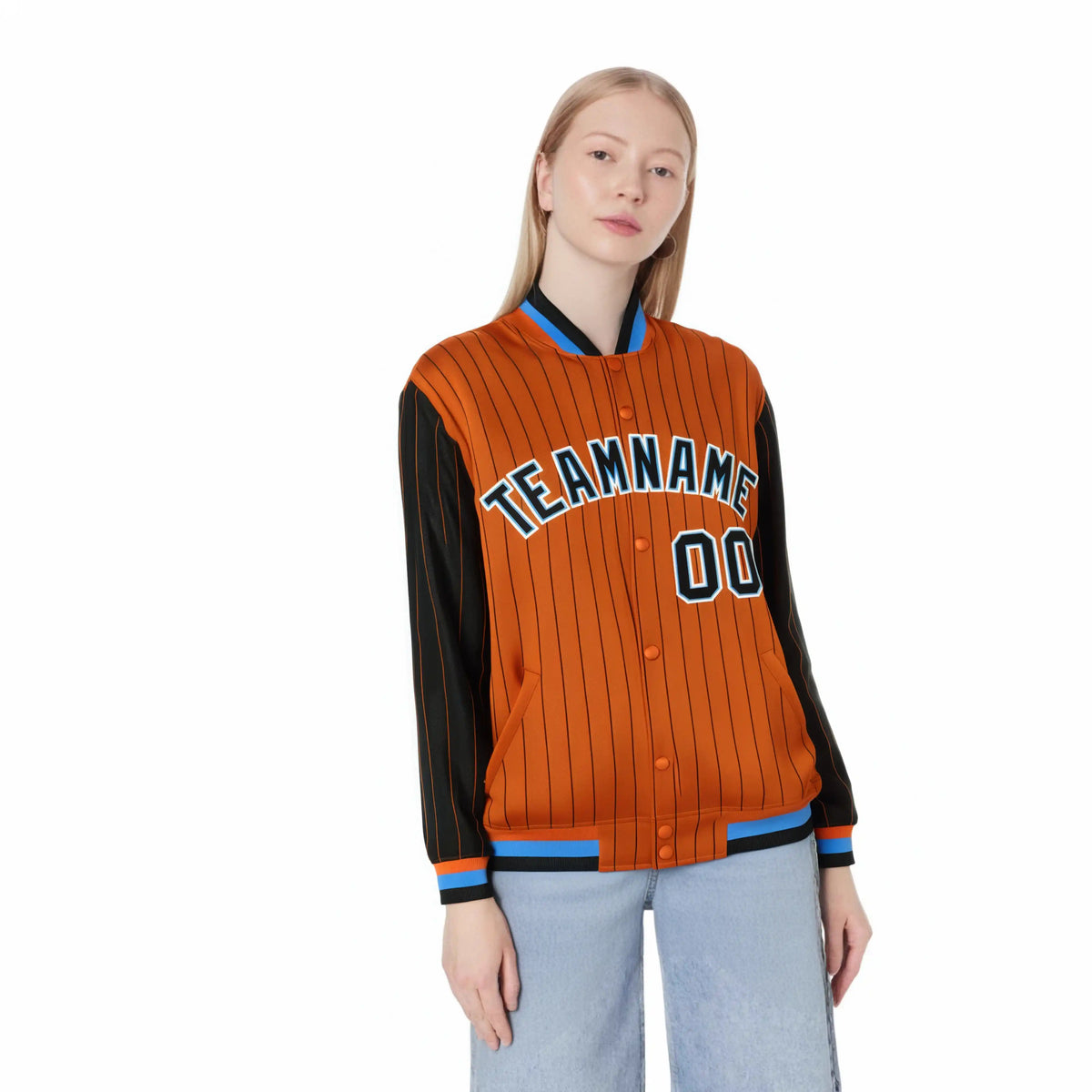 Custom Orange Black Pinstripe Powder-Blue Black Bomber Full-Snap Varsity Letterman Jacket