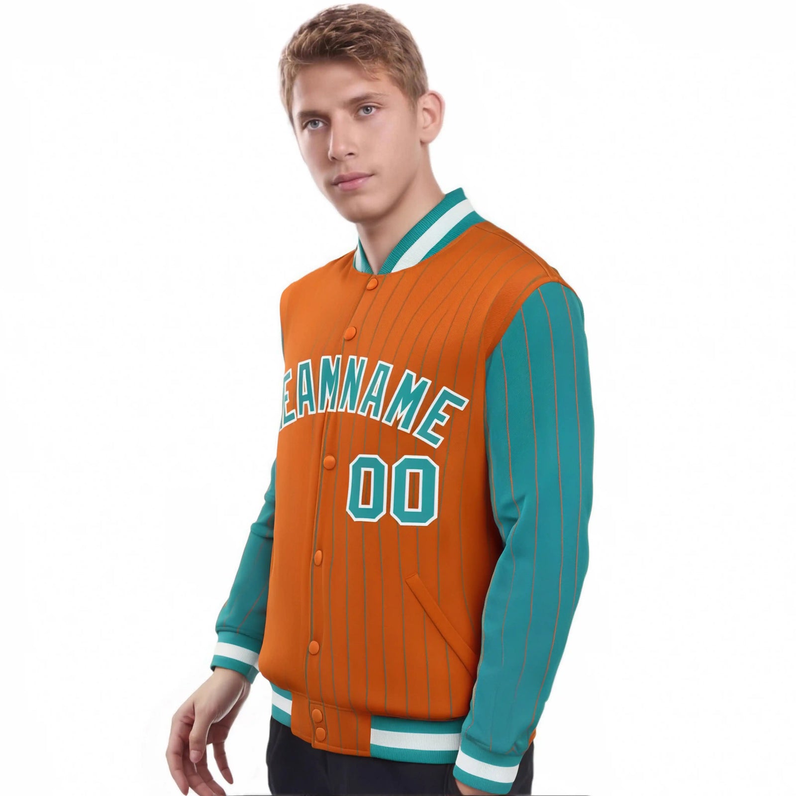 Custom Orange Aqua Pinstripe White-Aqua Bomber Full-Snap Varsity Letterman Jacket
