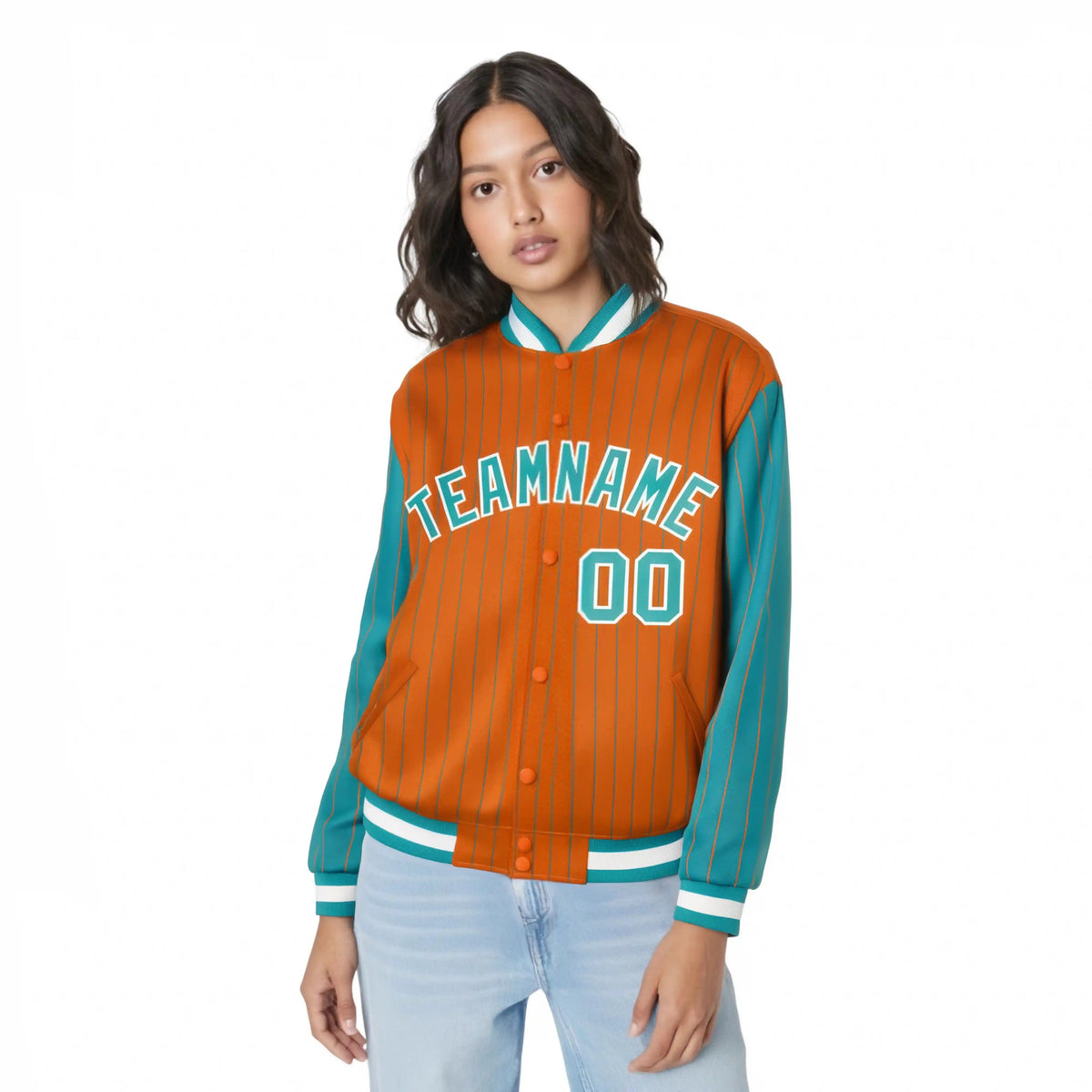 Custom Orange Aqua Pinstripe White-Aqua Bomber Full-Snap Varsity Letterman Jacket