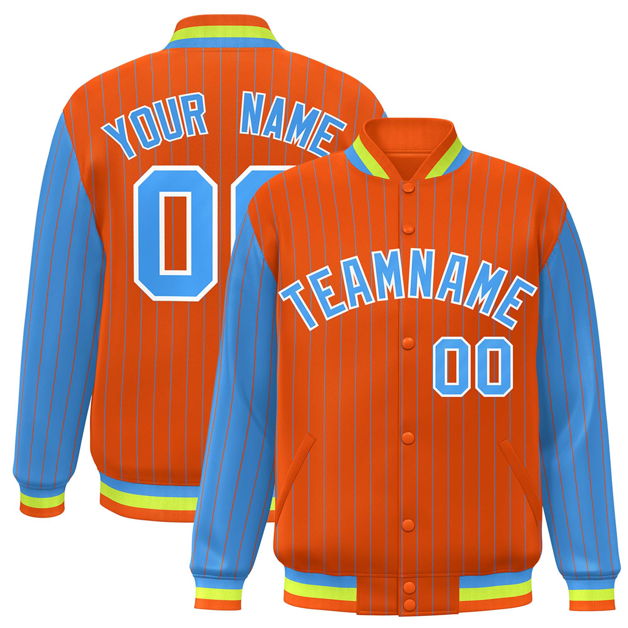 Custom Orange Powder-Blue Pinstripe White Powder-Blue Bomber Full-Snap Varsity Letterman Jacket