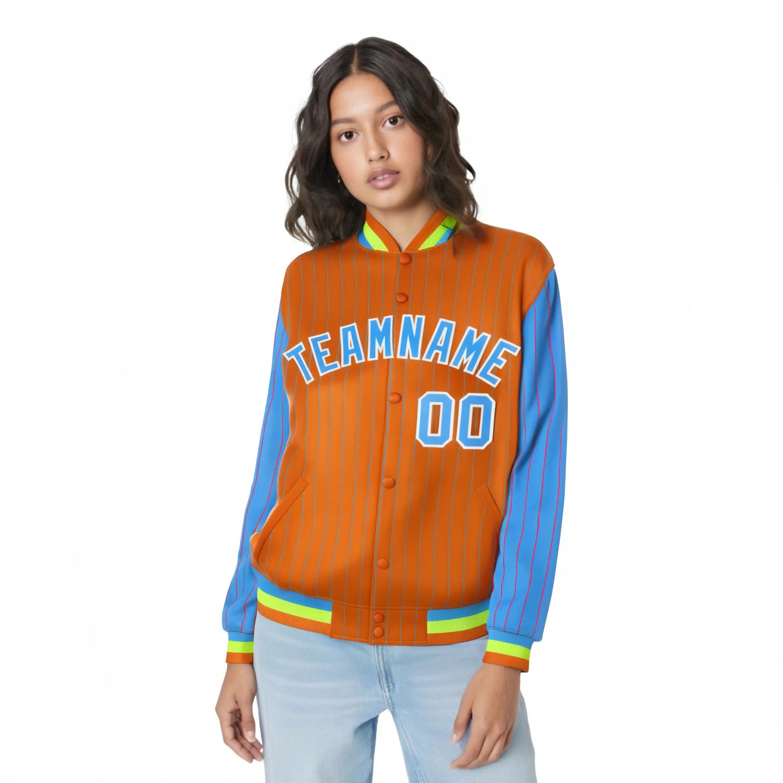Custom Orange Powder-Blue Pinstripe White Powder-Blue Bomber Full-Snap Varsity Letterman Jacket
