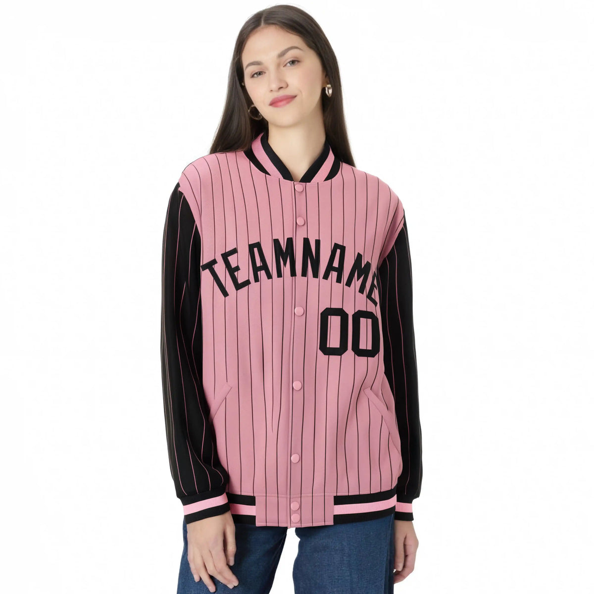 Custom Light-Pink Black Pinstripe Black Bomber Full-Snap Varsity Letterman Jacket