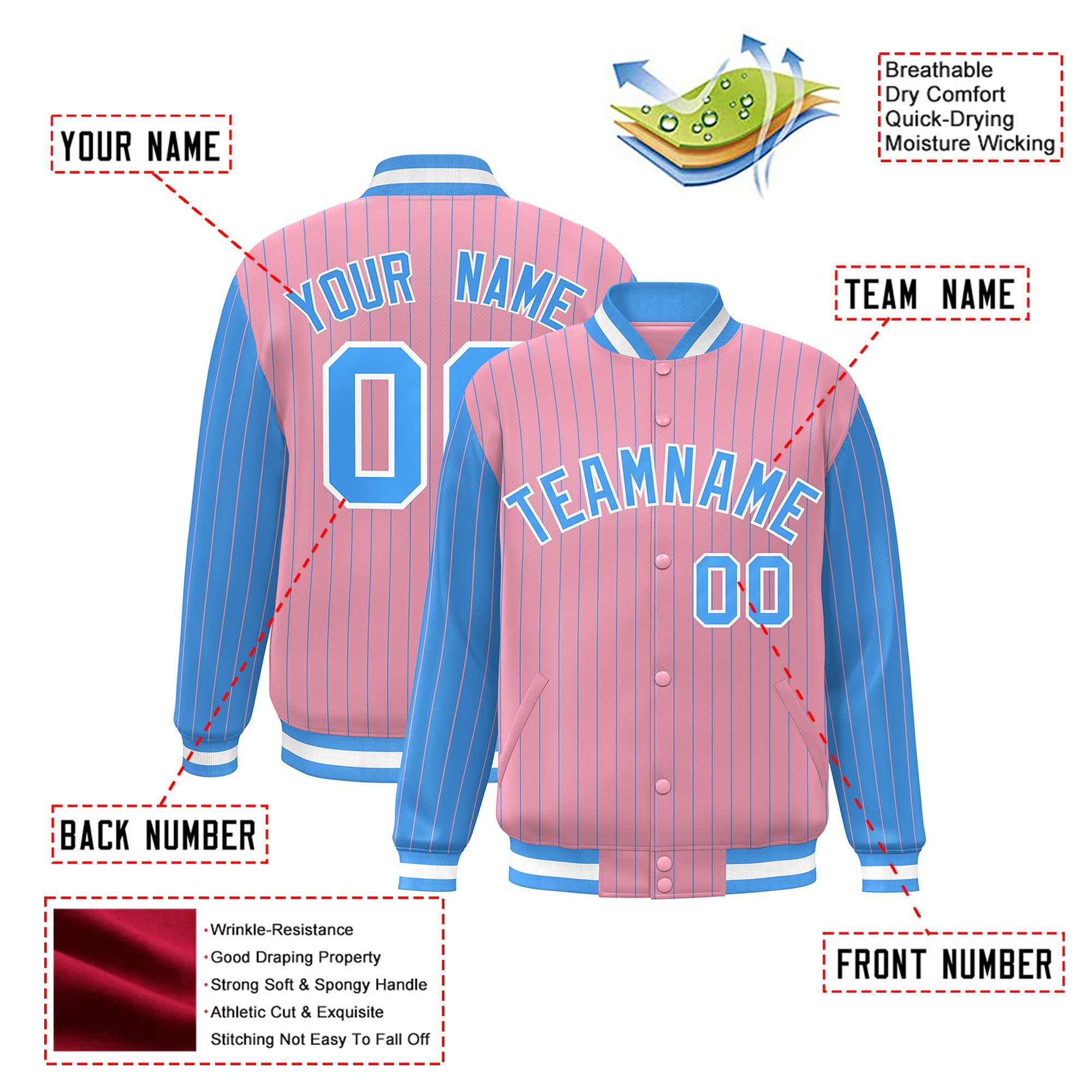 Custom Light-Pink Powder-Blue Pinstripe White Powder-Blue Bomber Full-Snap Varsity Letterman Jacket