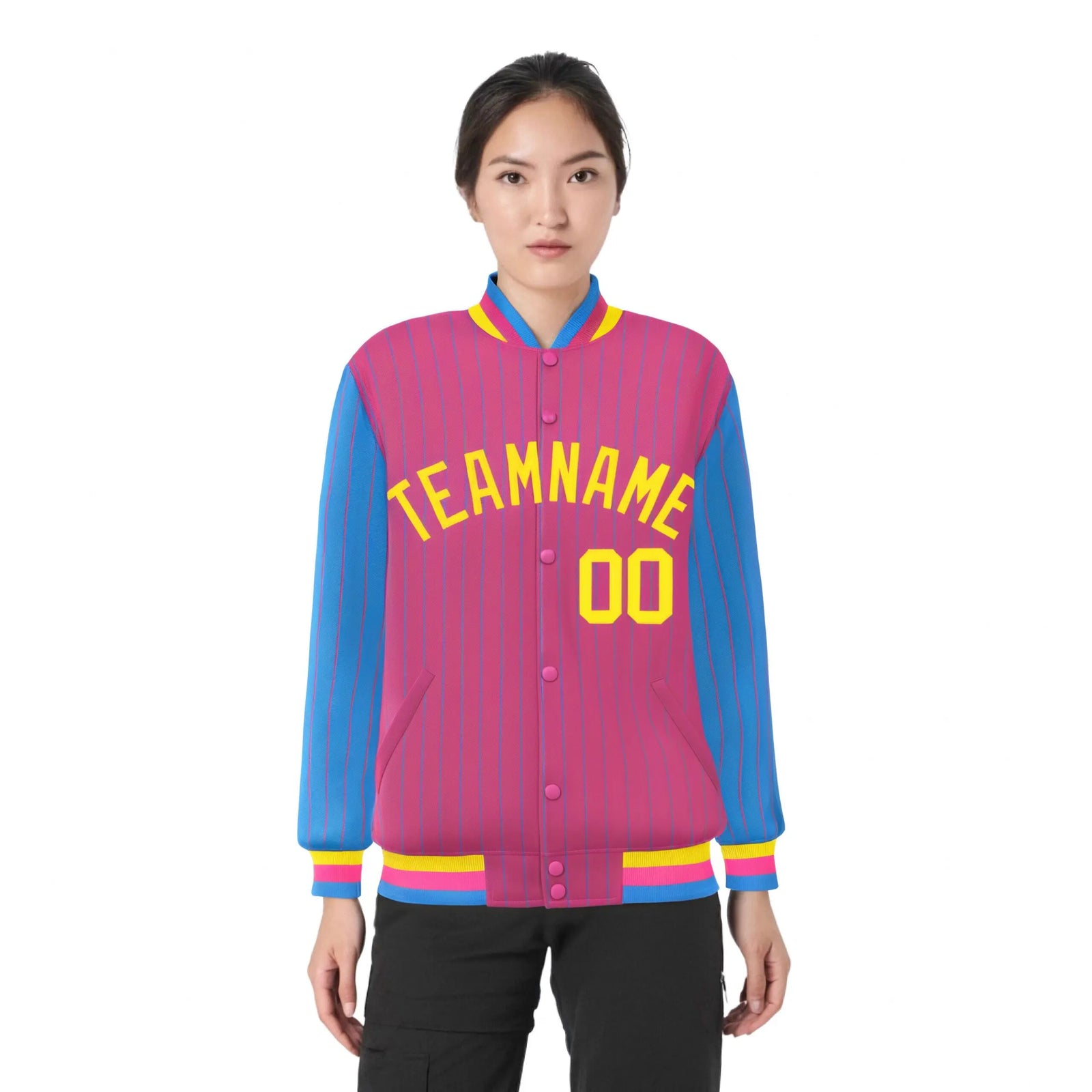 Custom Pink Powder-Blue Pinstripe Gold Bomber Full-Snap Varsity Letterman Jacket