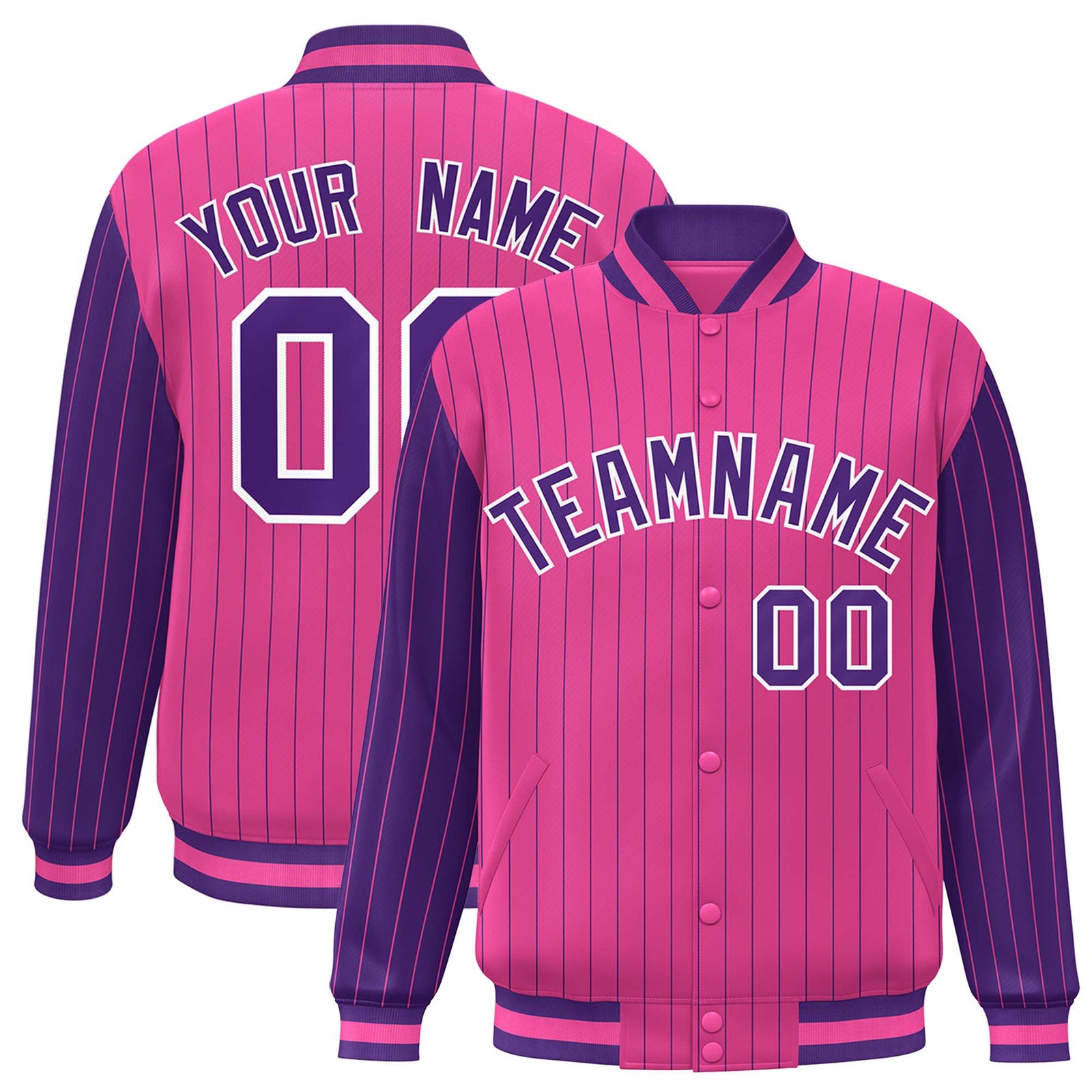 Custom Pink Purple Pinstripe White-Purple Bomber Full-Snap Varsity Letterman Jacket
