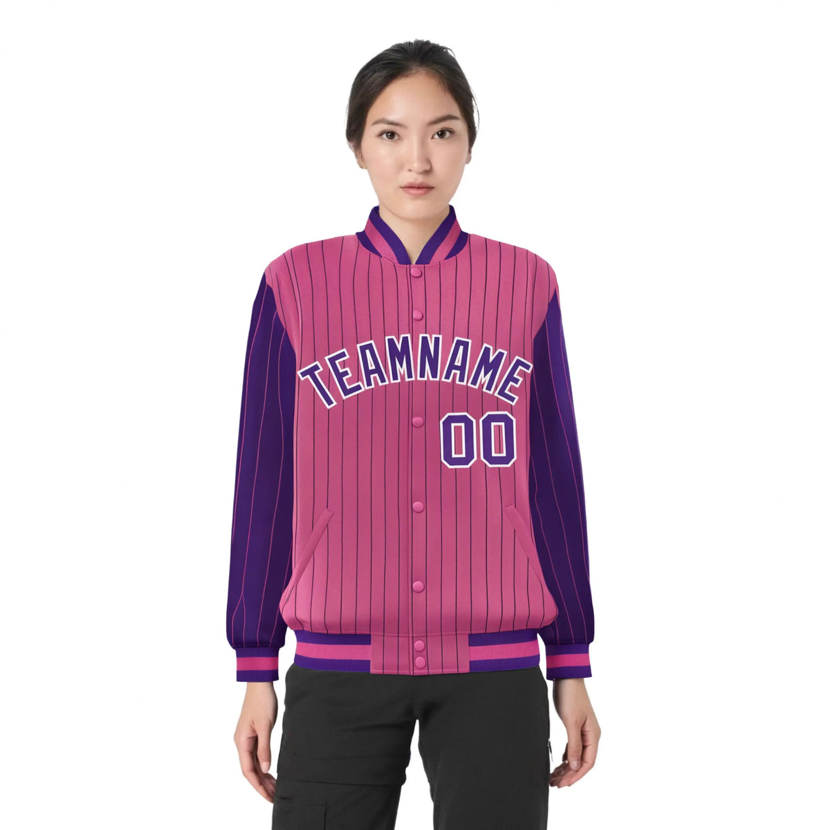 Custom Pink Purple Pinstripe White-Purple Bomber Full-Snap Varsity Letterman Jacket