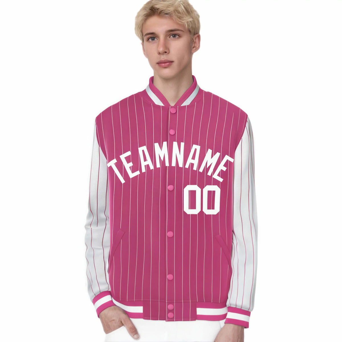 Custom Pink White Pinstripe White Bomber Full-Snap Varsity Letterman Jacket
