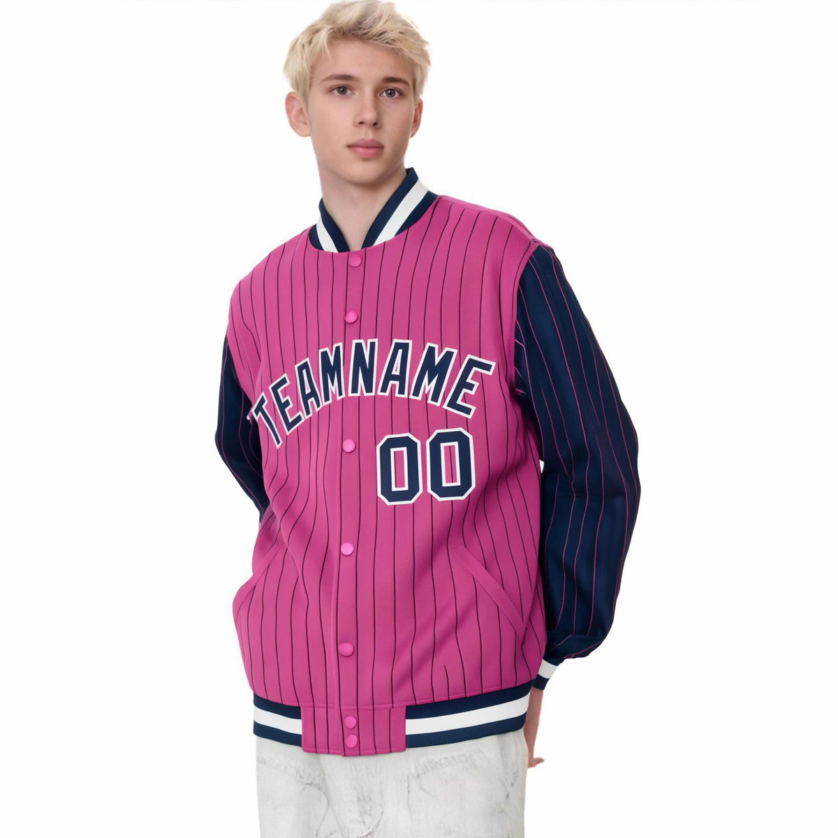 Custom Pink Navy Pinstripe White-Navy Bomber Full-Snap Varsity Letterman Jacket