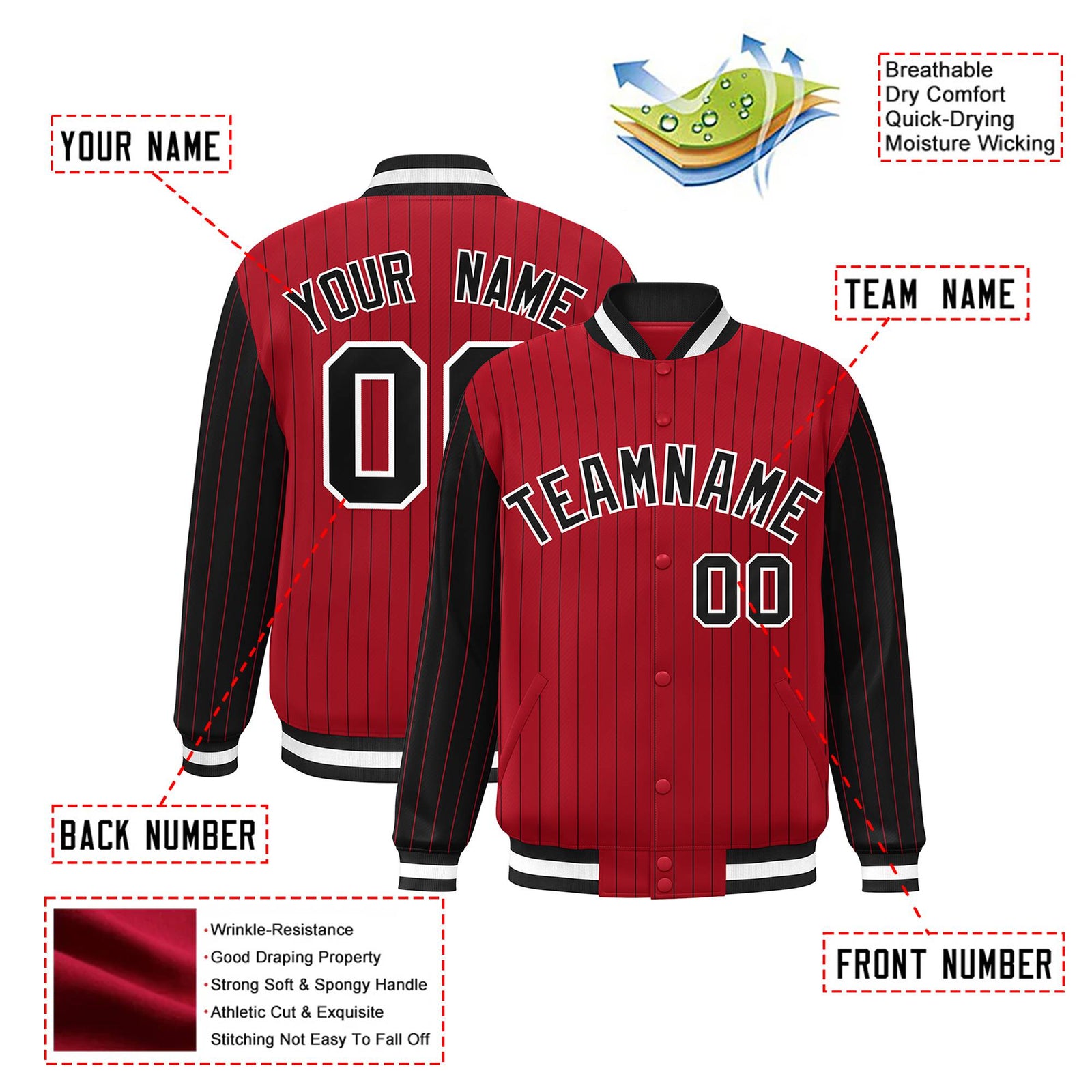 Custom Red Black Pinstripe White-Black Bomber Full-Snap Varsity Letterman Jacket