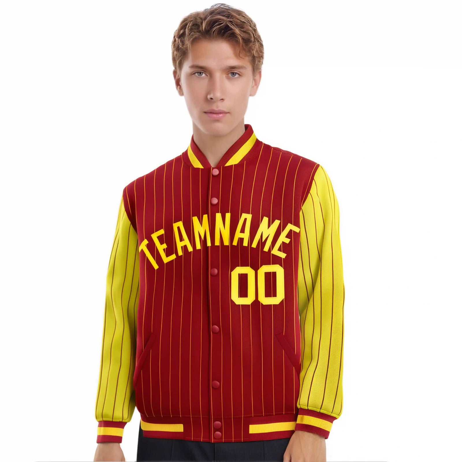 Custom Red Gold Pinstripe Gold Bomber Full-Snap Varsity Letterman Jacket
