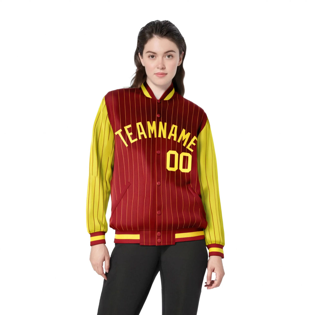 Custom Red Gold Pinstripe Gold Bomber Full-Snap Varsity Letterman Jacket