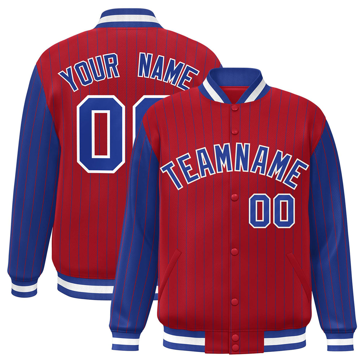 Custom Red Royal-Blue Pinstripe White Royal-Blue Bomber Full-Snap Varsity Letterman Jacket