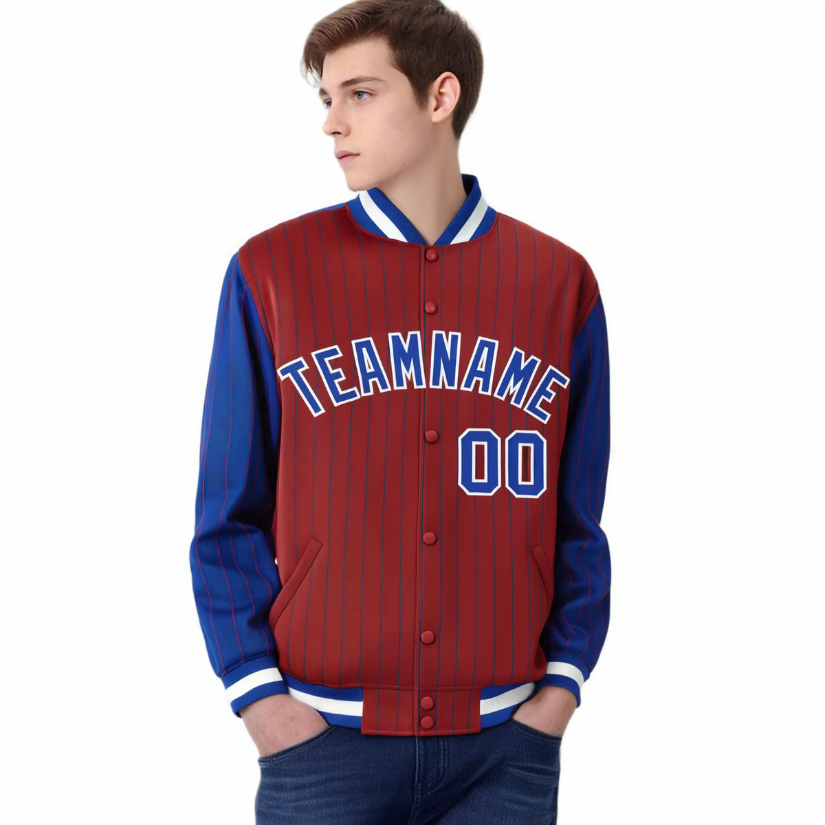 Custom Red Royal-Blue Pinstripe White Royal-Blue Bomber Full-Snap Varsity Letterman Jacket