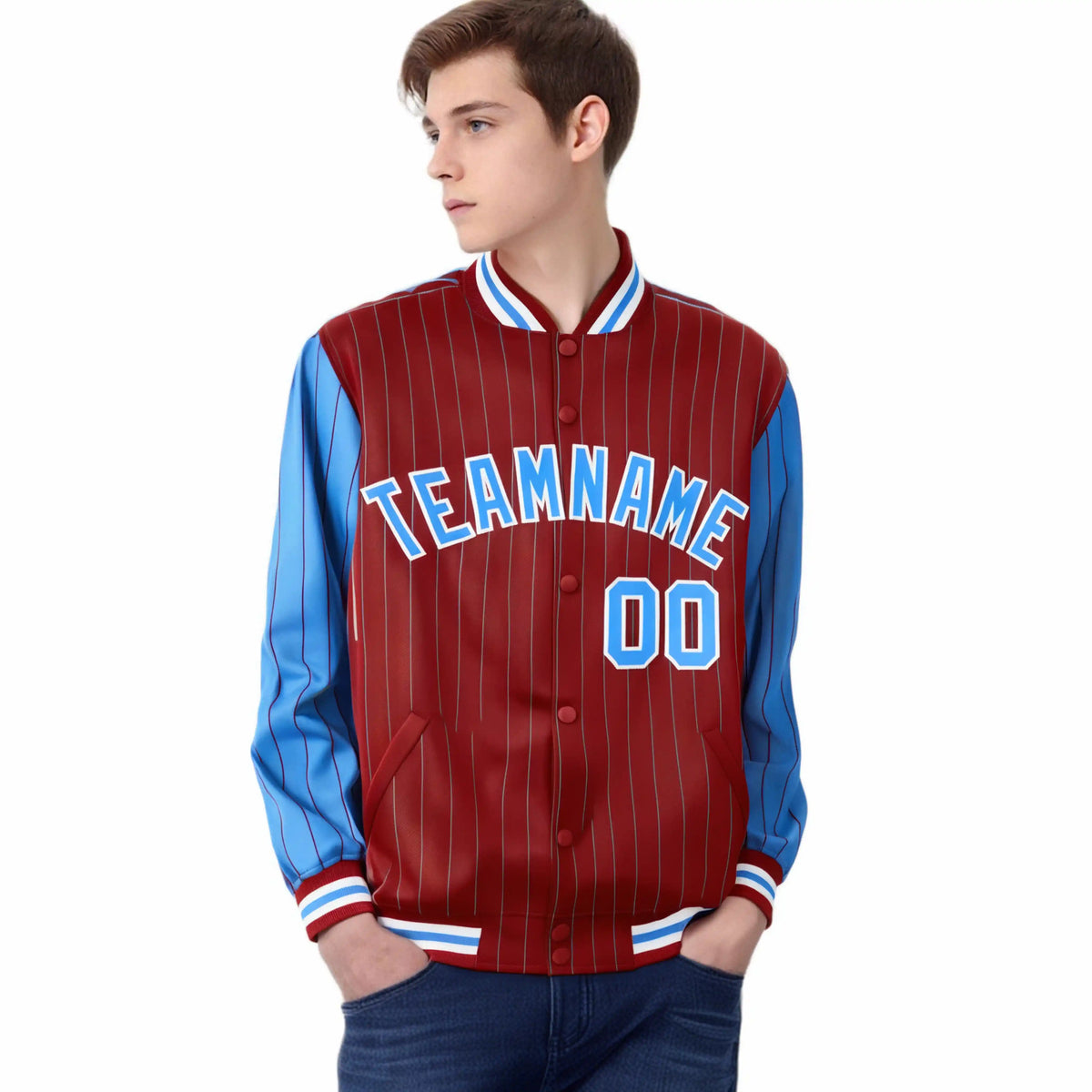 Custom Red Powder-Blue Pinstripe White Powder-Blue Bomber Full-Snap Varsity Letterman Jacket