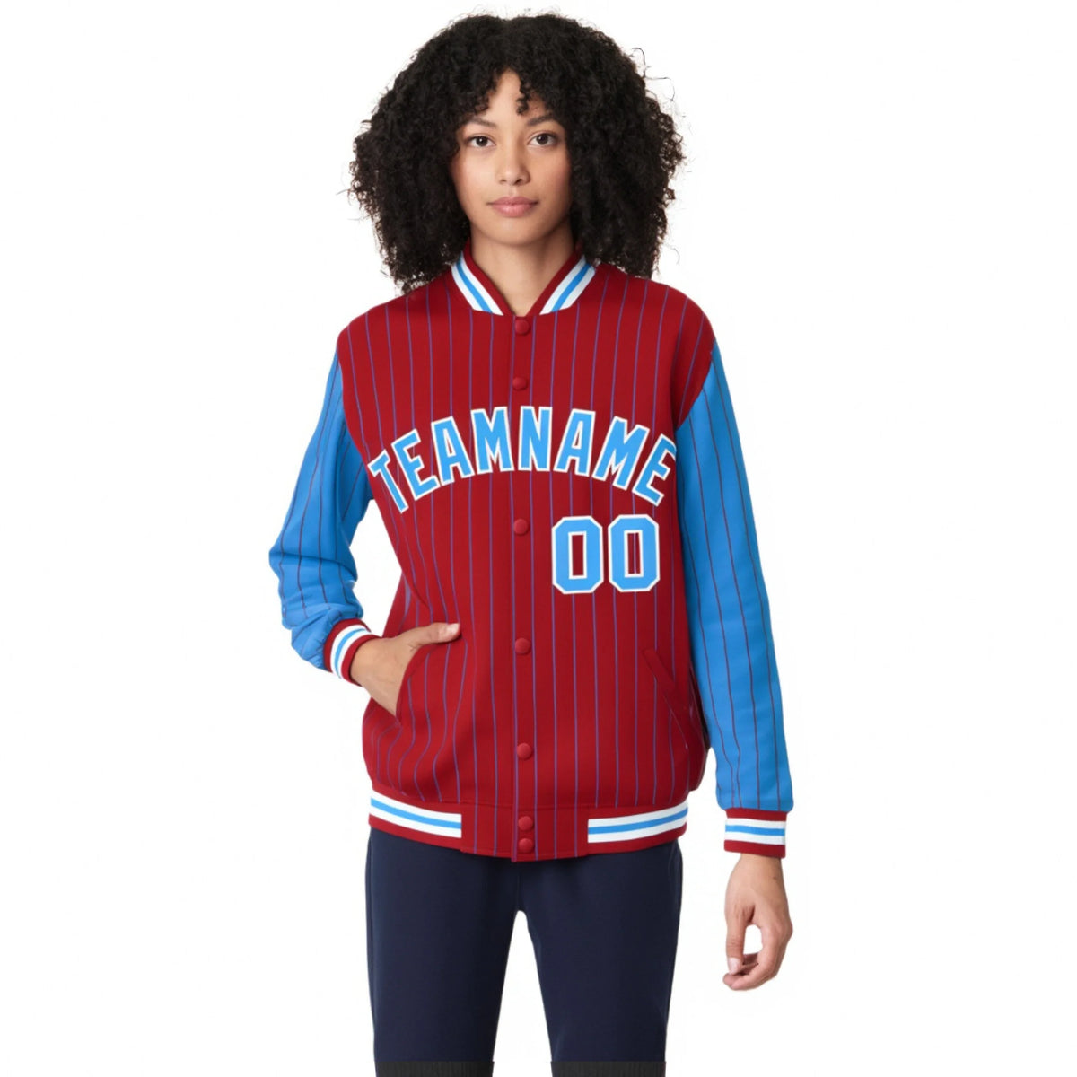Custom Red Powder-Blue Pinstripe White Powder-Blue Bomber Full-Snap Varsity Letterman Jacket