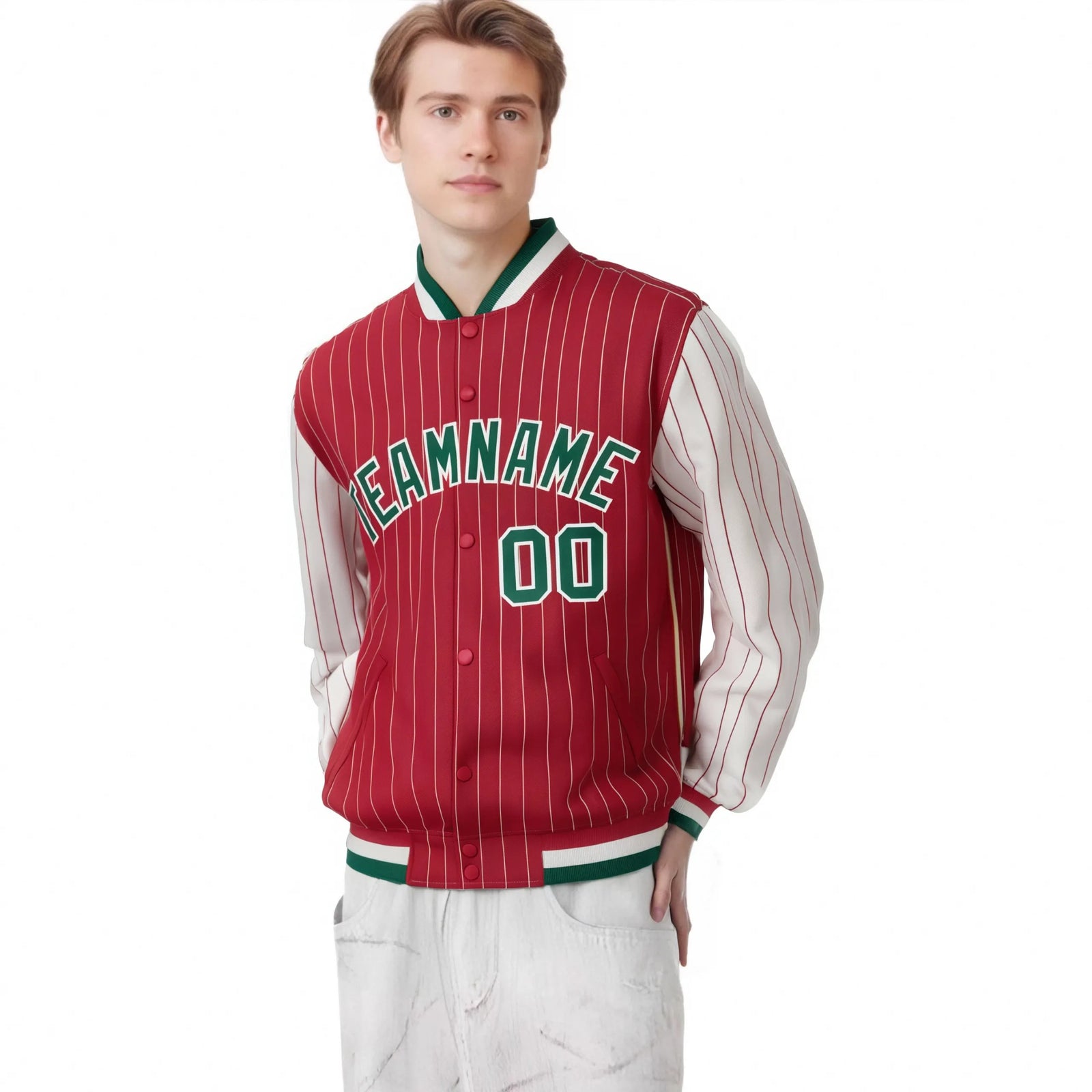 Custom Red Cream Pinstripe Cream-Green Bomber Full-Snap Varsity Letterman Jacket