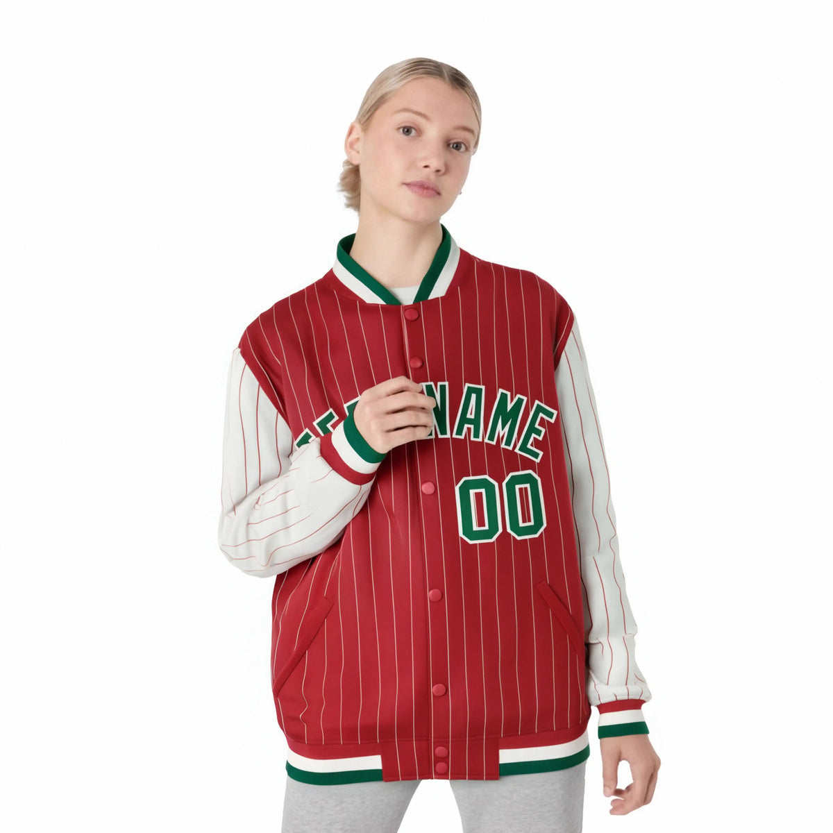 Custom Red Cream Pinstripe Cream-Green Bomber Full-Snap Varsity Letterman Jacket