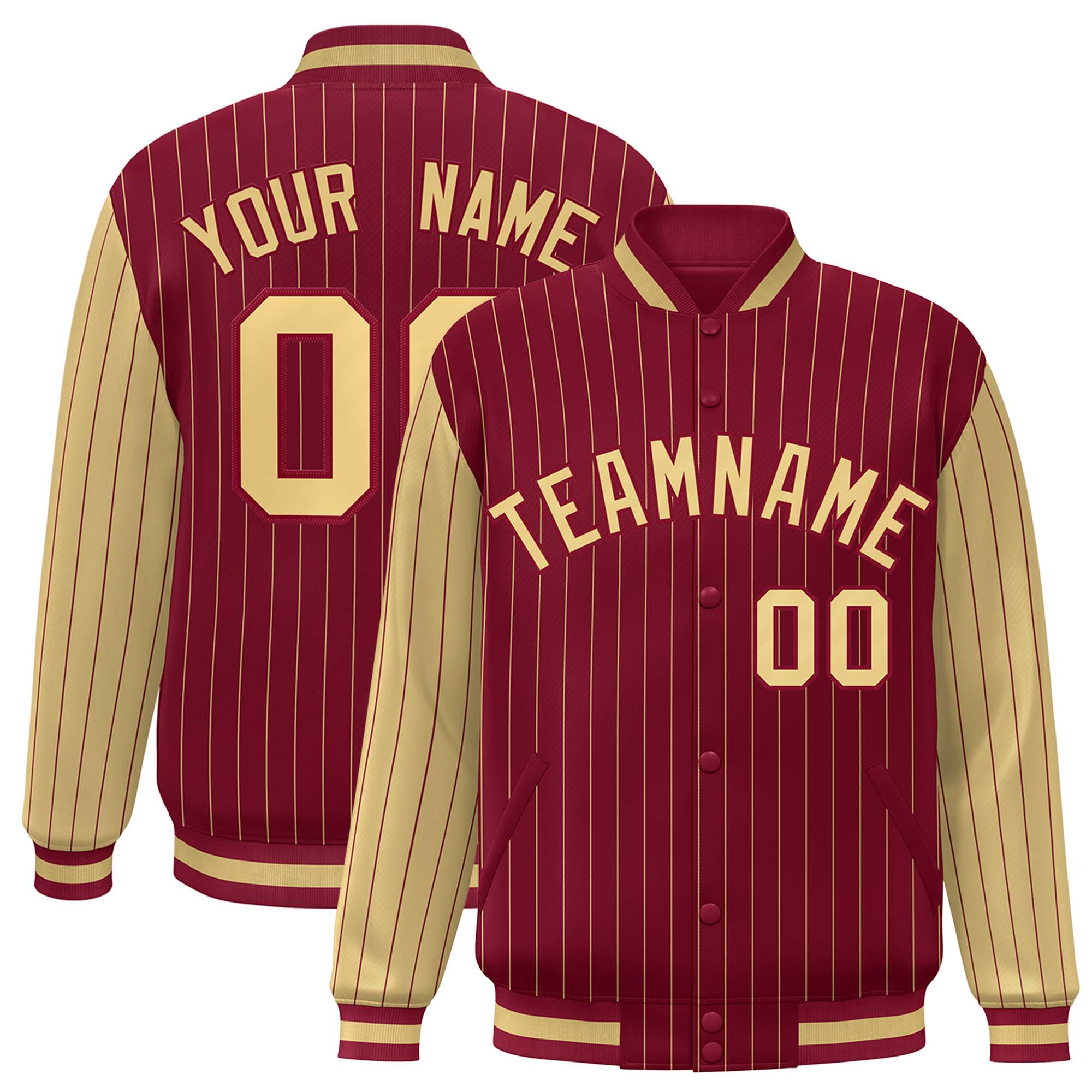 Custom Crimson Old-Gold Pinstripe Old-Gold Bomber Full-Snap Varsity Letterman Jacket