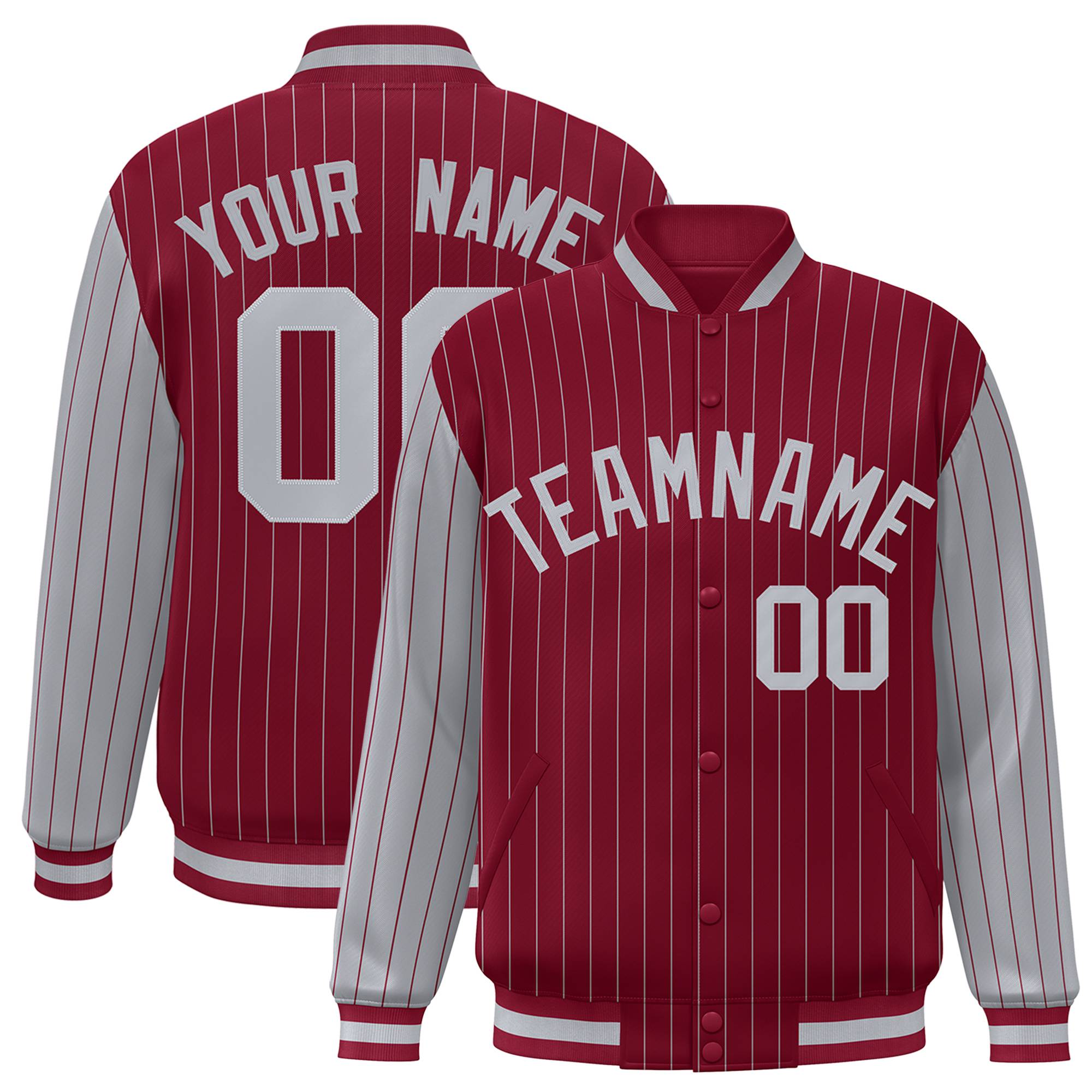 Custom Crimson Gray Pinstripe Gray Bomber Full-Snap Varsity Letterman Jacket