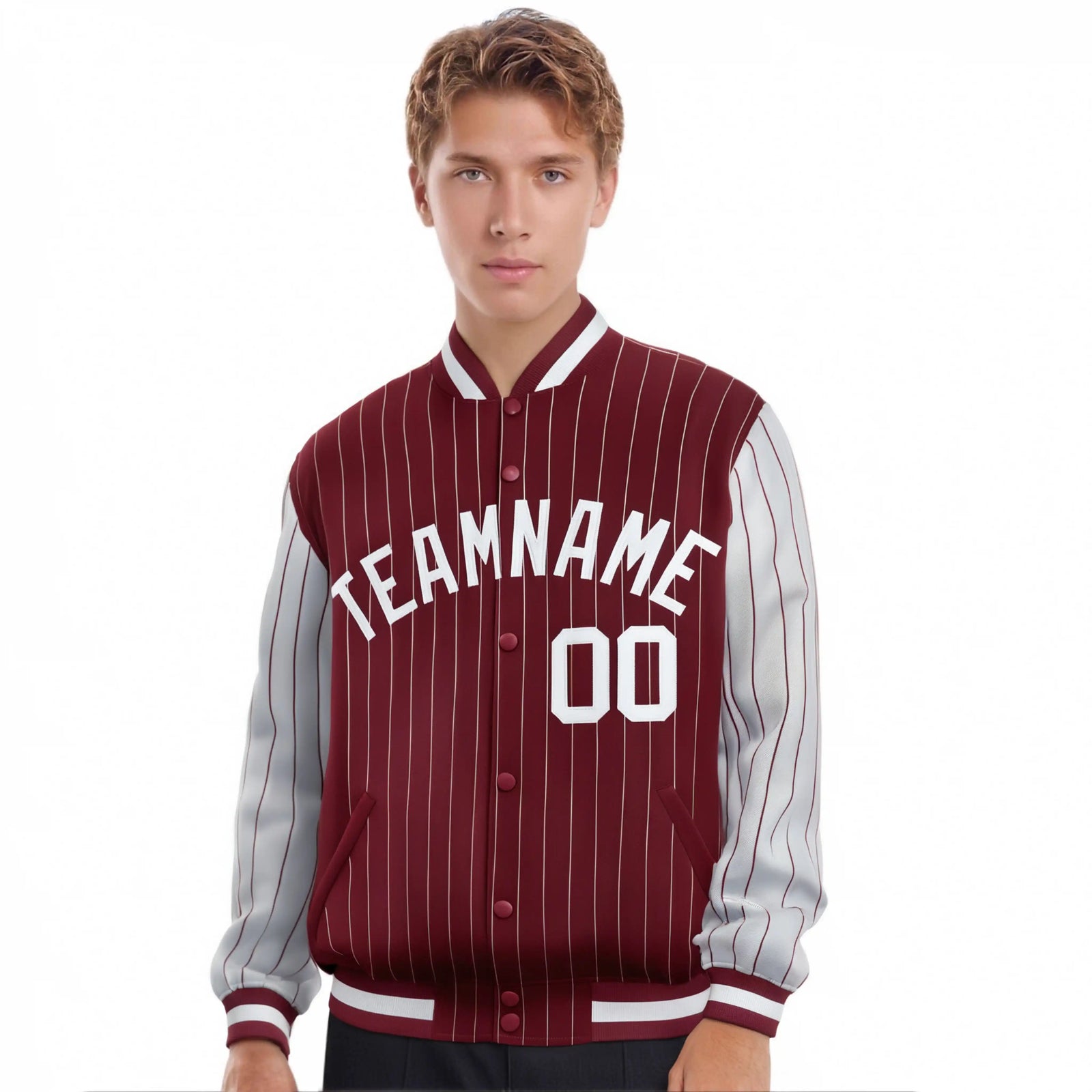 Custom Crimson Gray Pinstripe Gray Bomber Full-Snap Varsity Letterman Jacket