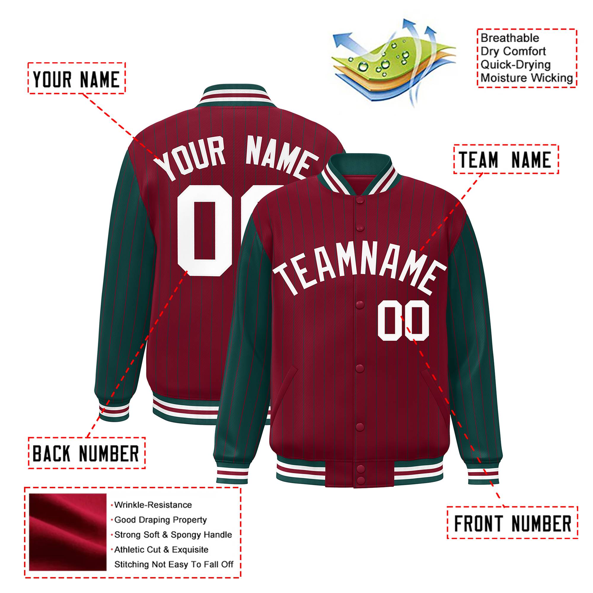 Custom Crimson-Green Pinstripe White Bomber Full-Snap Varsity Letterman Jacket