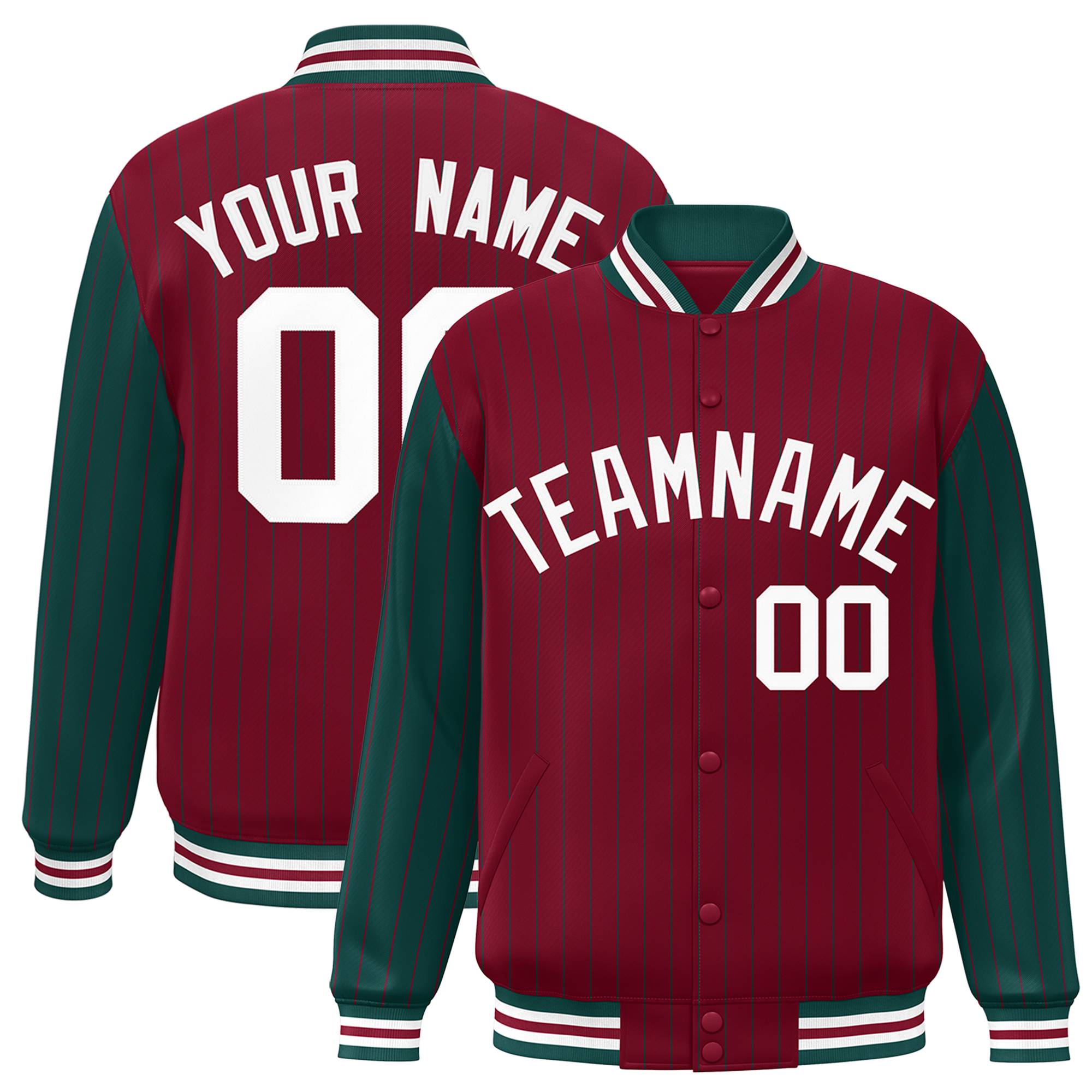 Custom Crimson-Green Pinstripe White Bomber Full-Snap Varsity Letterman Jacket