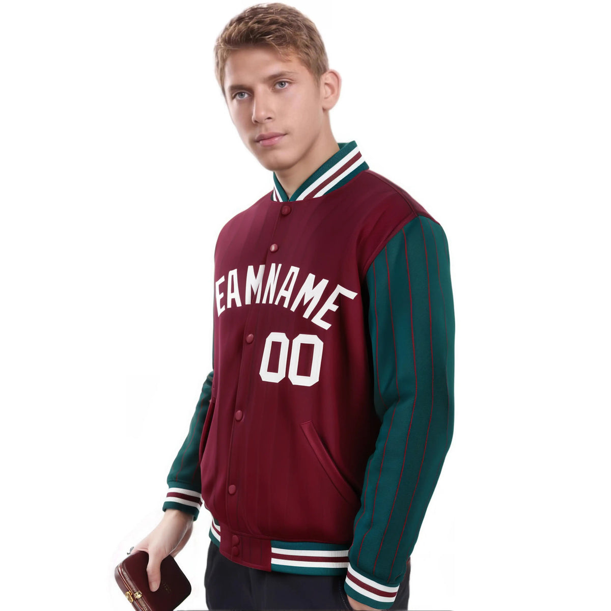 Custom Crimson-Green Pinstripe White Bomber Full-Snap Varsity Letterman Jacket