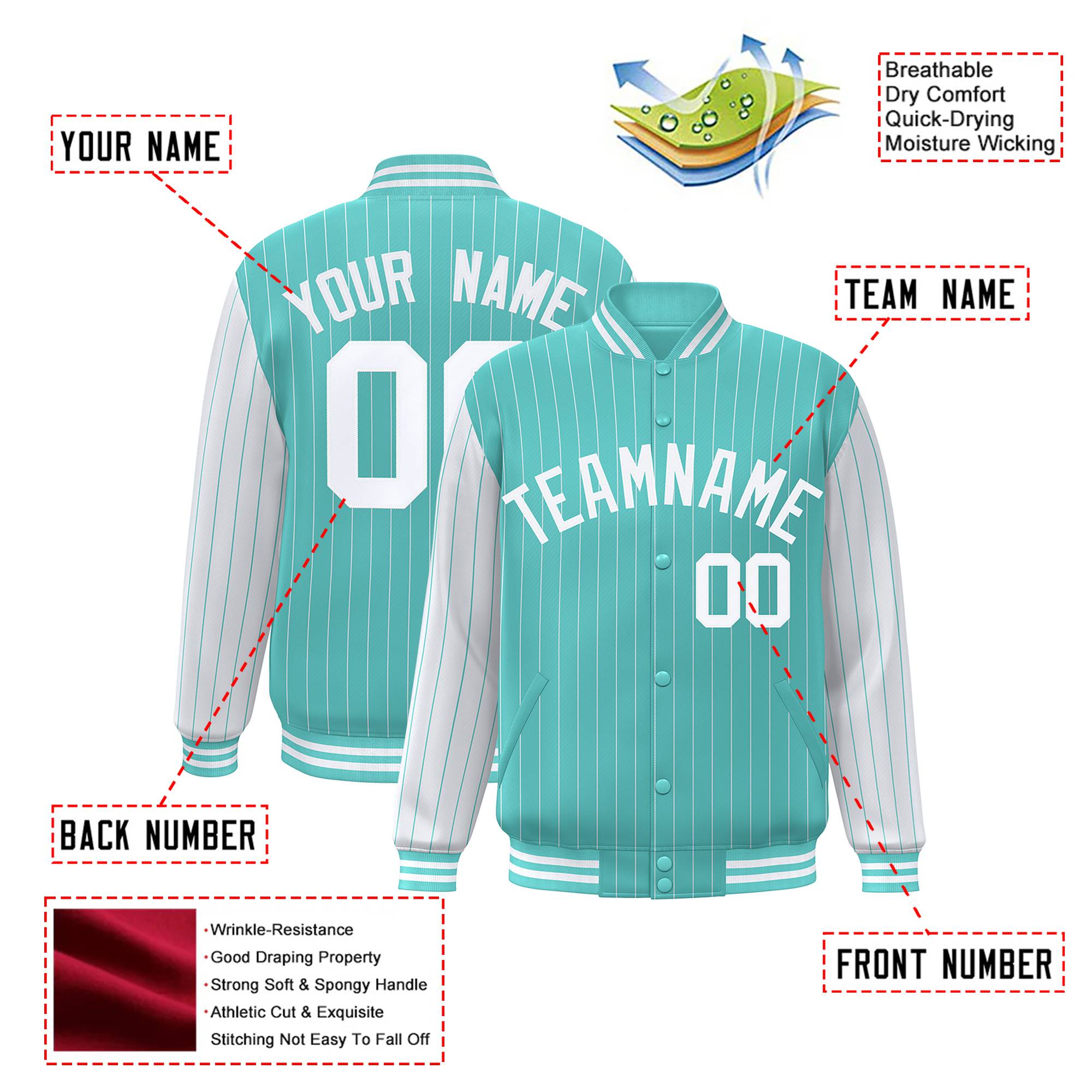 Custom Aqua White Pinstripe White-Aqua Bomber Full-Snap Varsity Letterman Jacket