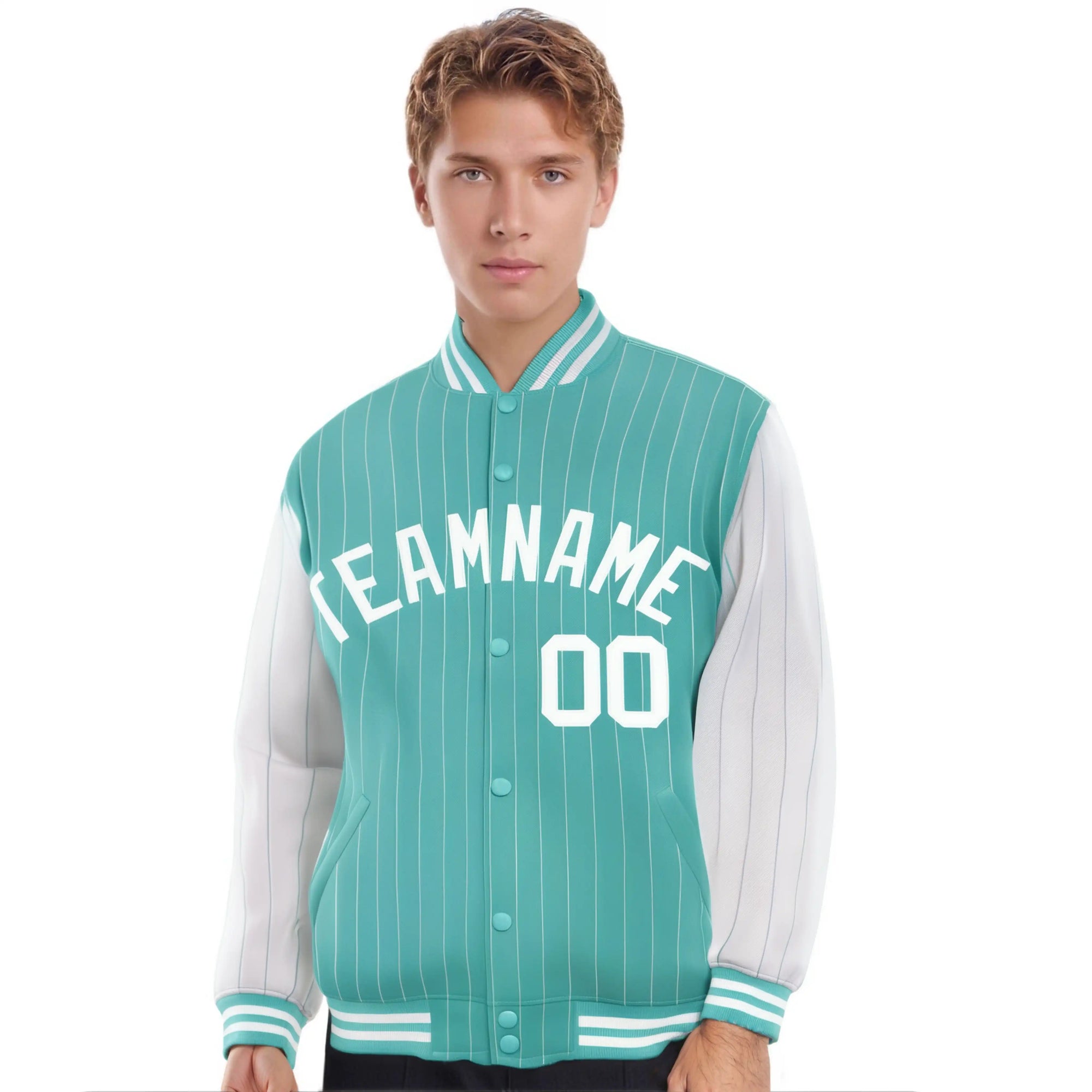 Custom Aqua White Pinstripe White-Aqua Bomber Full-Snap Varsity Letterman Jacket