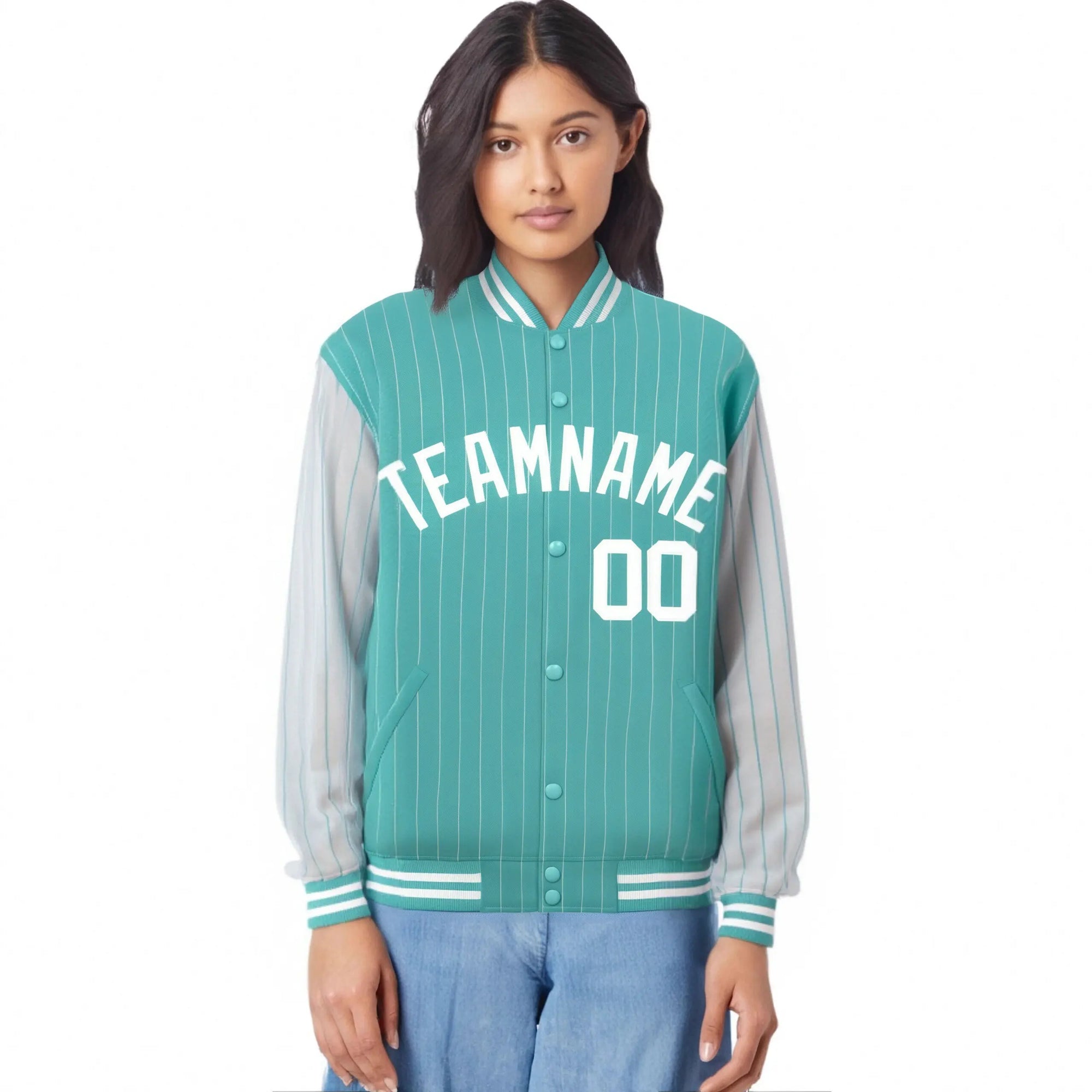 Custom Aqua White Pinstripe White-Aqua Bomber Full-Snap Varsity Letterman Jacket