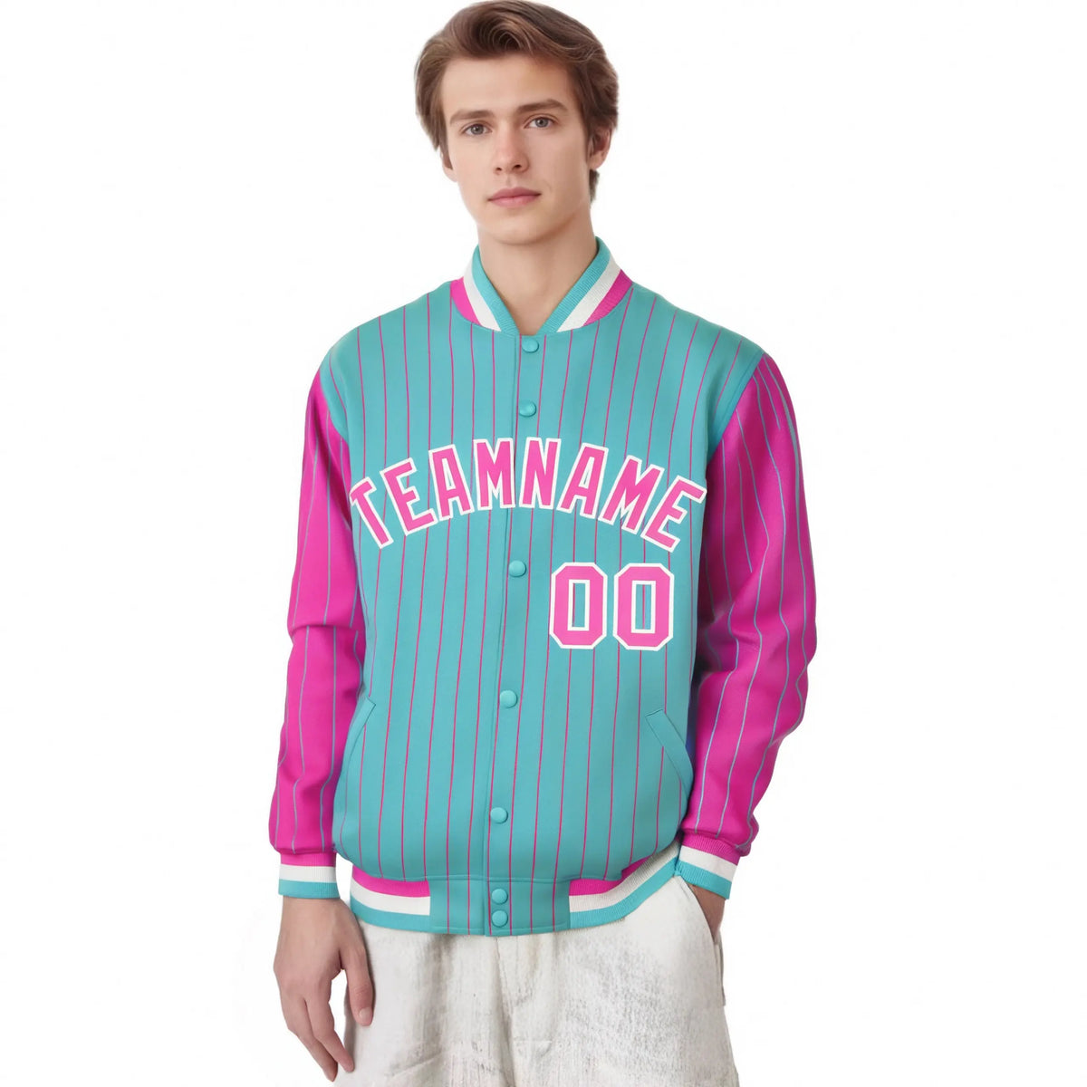 Custom Aqua Pink Pinstripe White-Pink Bomber Full-Snap Varsity Letterman Jacket