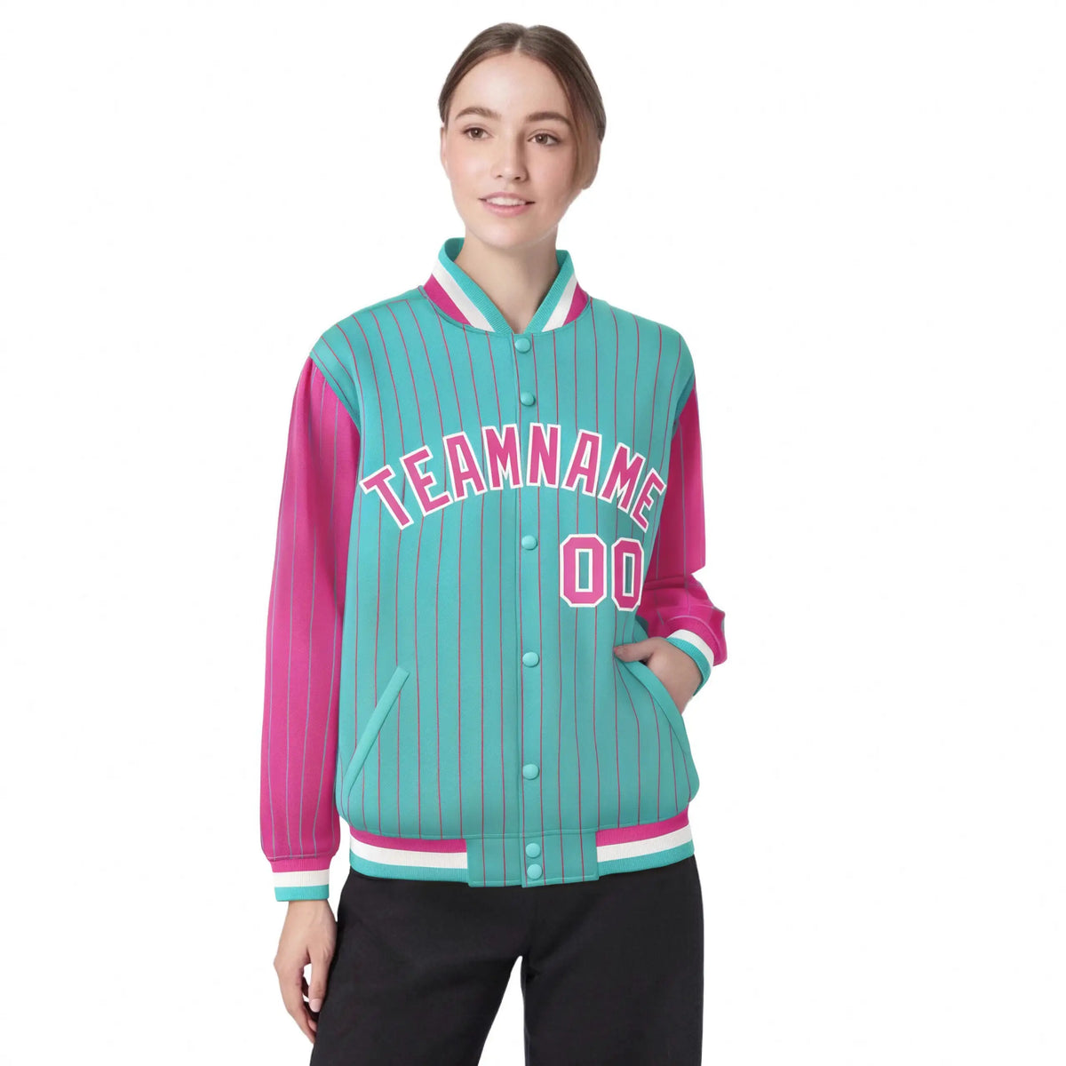 Custom Aqua Pink Pinstripe White-Pink Bomber Full-Snap Varsity Letterman Jacket