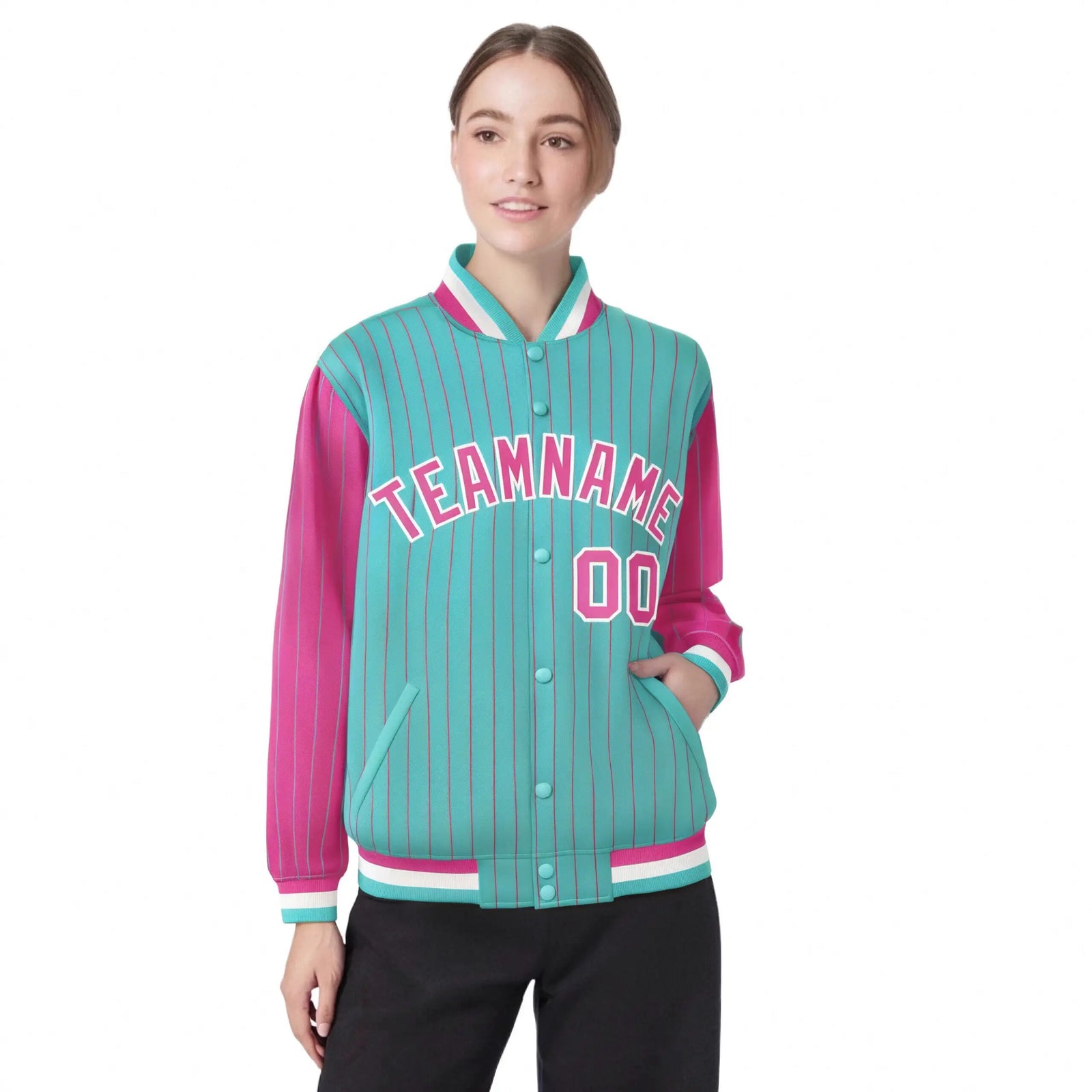 Custom Aqua Pink Pinstripe White-Pink Bomber Full-Snap Varsity Letterman Jacket