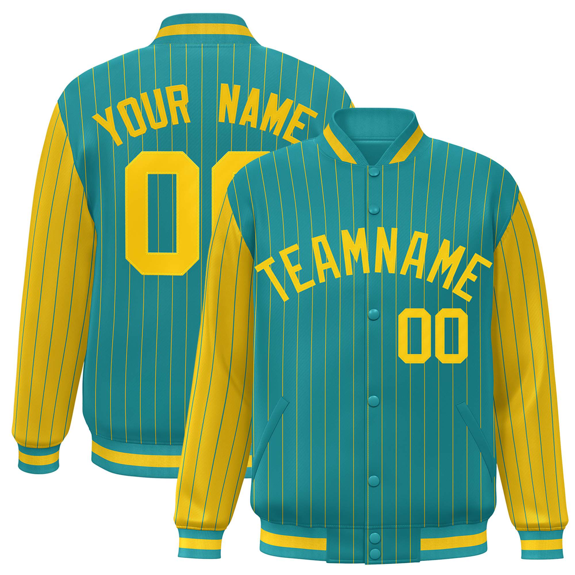 Custom Aqua Gold Pinstripe Gold Bomber Full-Snap Varsity Letterman Jacket