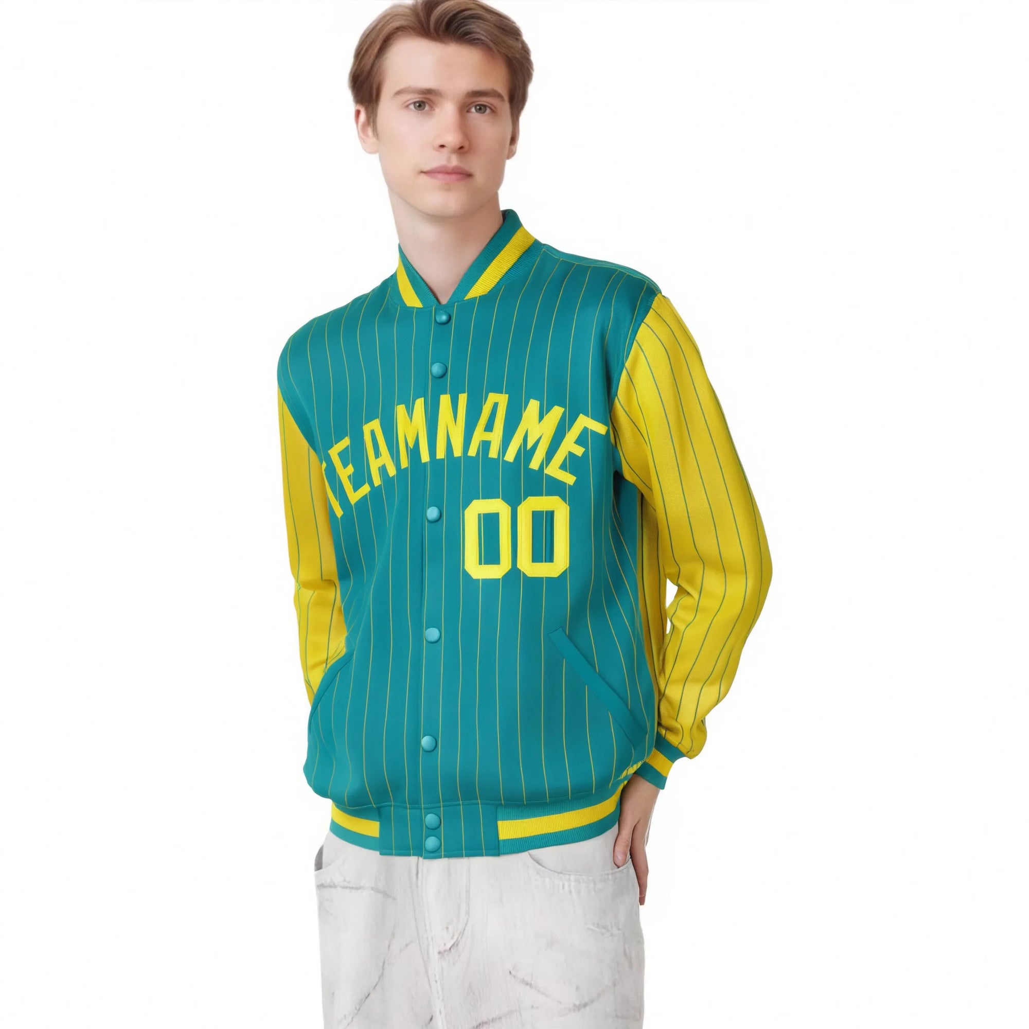 Custom Aqua Gold Pinstripe Gold Bomber Full-Snap Varsity Letterman Jacket